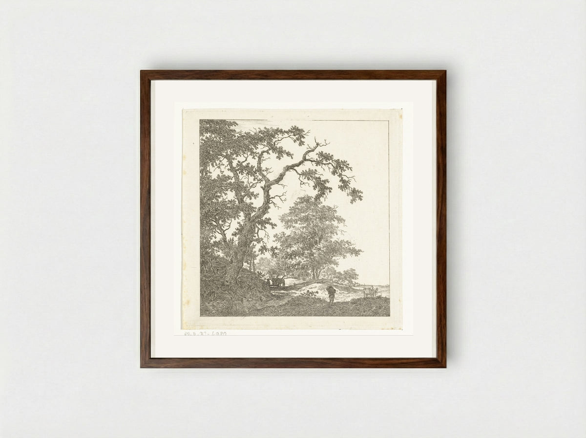 Kruisend zandpad met karren en man met pak op zijn rug - Hermanus van Brussel - Framed Print Dark Wood