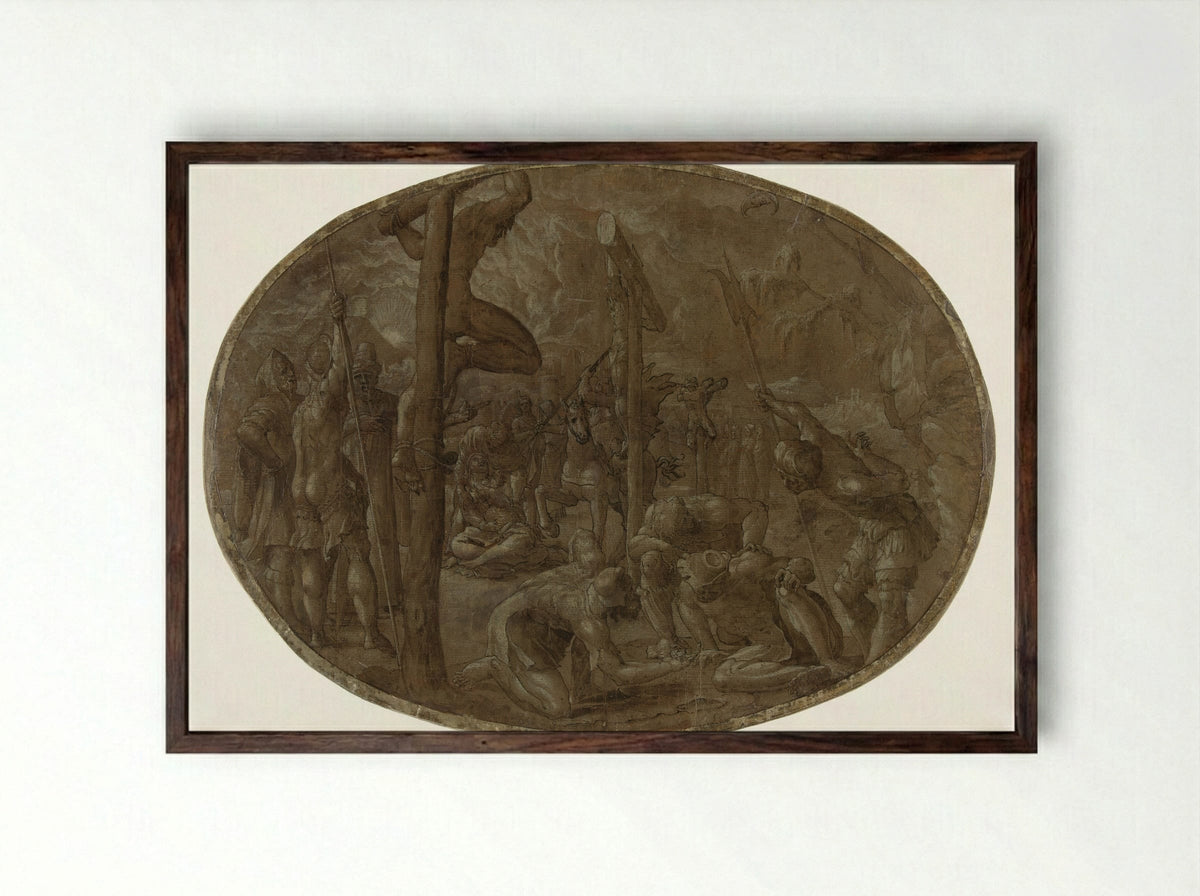 Kruisiging - Meester van de Liechtensteinse Aanbidding - Framed Print Dark Wood