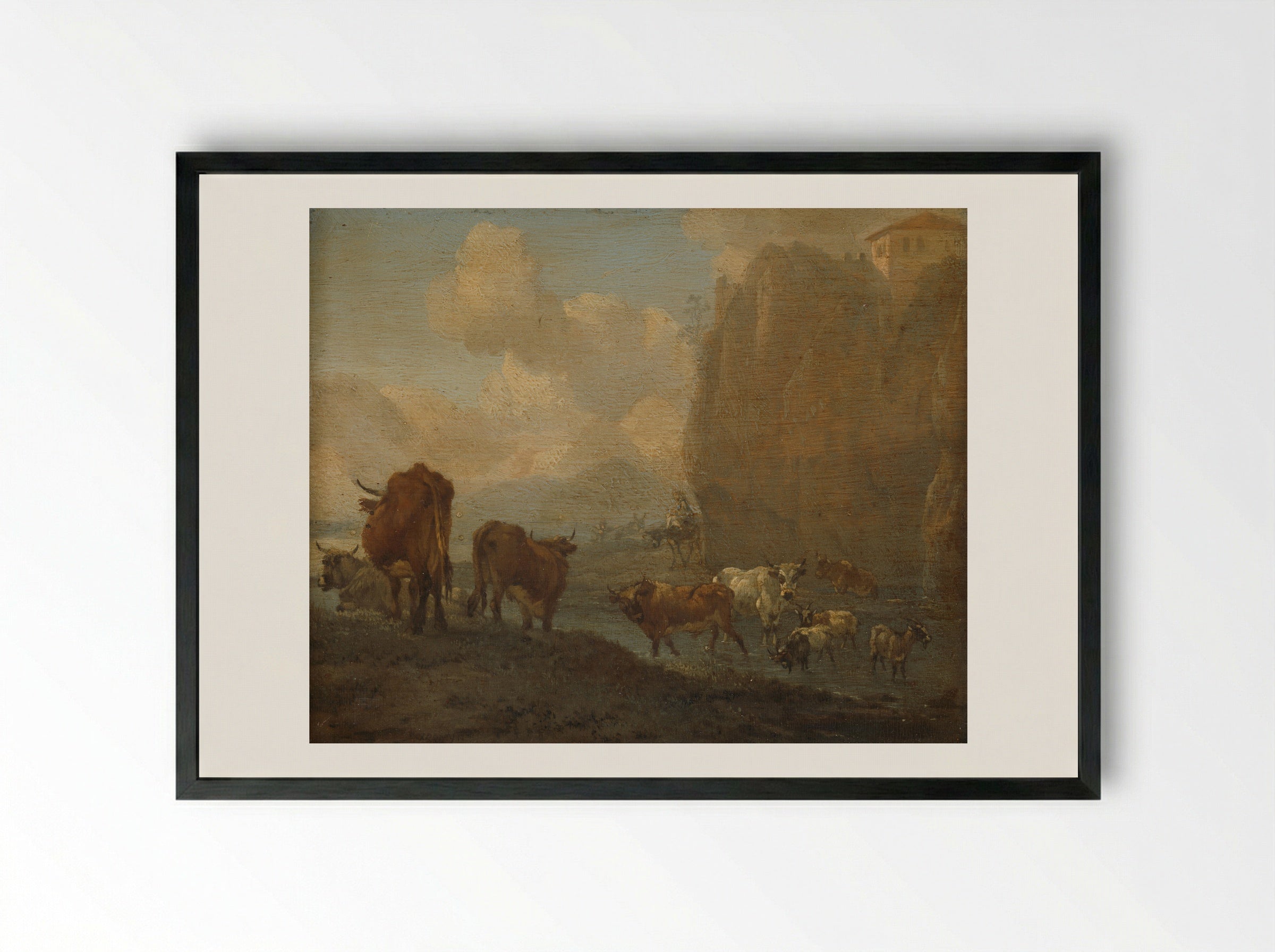 Kudde bij een rivier - Willem Romeyn - Framed Print Black