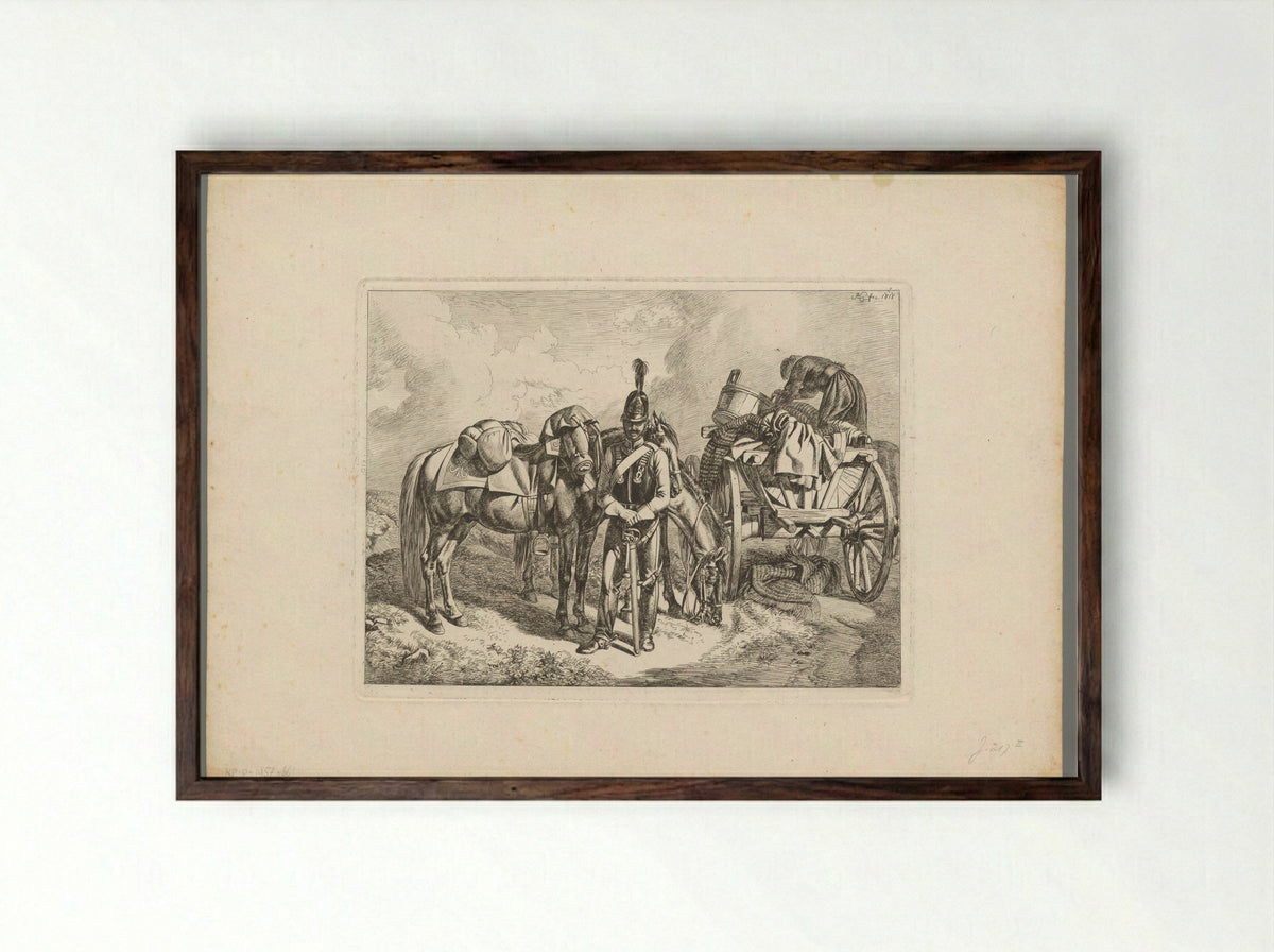 Kurassier bij twee paarden en een trekkar - Domenico Artaria - Framed Print Dark Wood