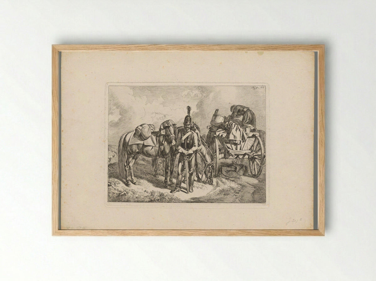 Kurassier bij twee paarden en een trekkar - Domenico Artaria - Framed Print Wood