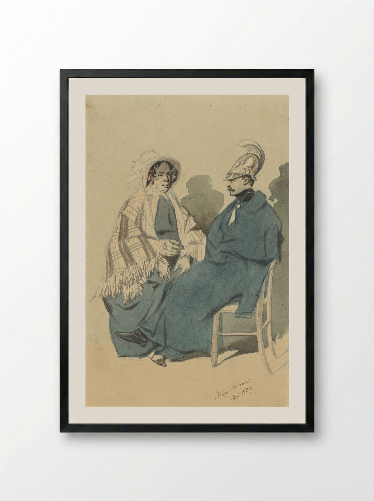 Kurassier met helm en blauwe mantel, zittend naast een oude dame in reistoilet - Henry Bonaventure Monnier - Framed Print Black
