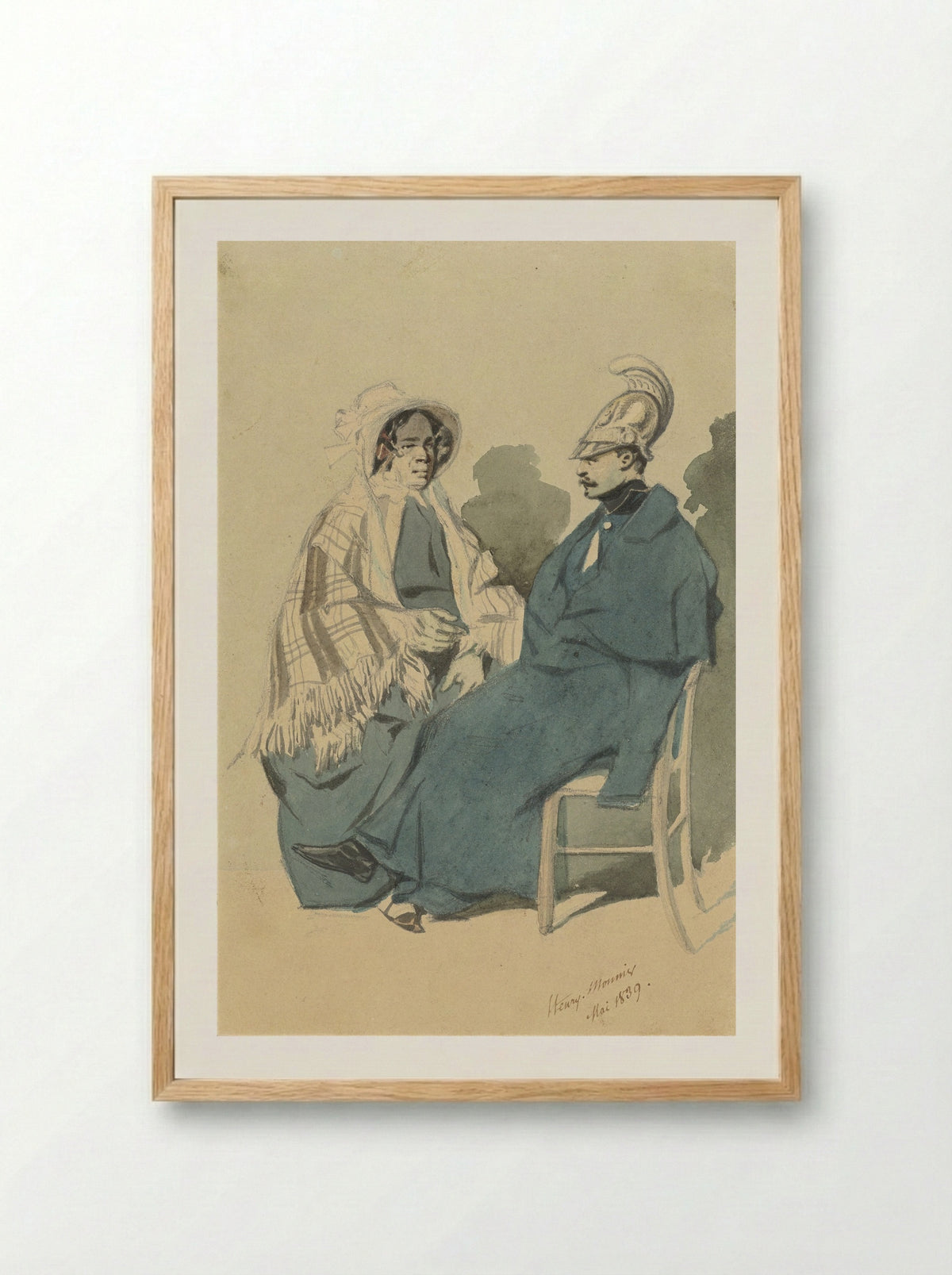 Kurassier met helm en blauwe mantel, zittend naast een oude dame in reistoilet - Henry Bonaventure Monnier - Framed Print Wood