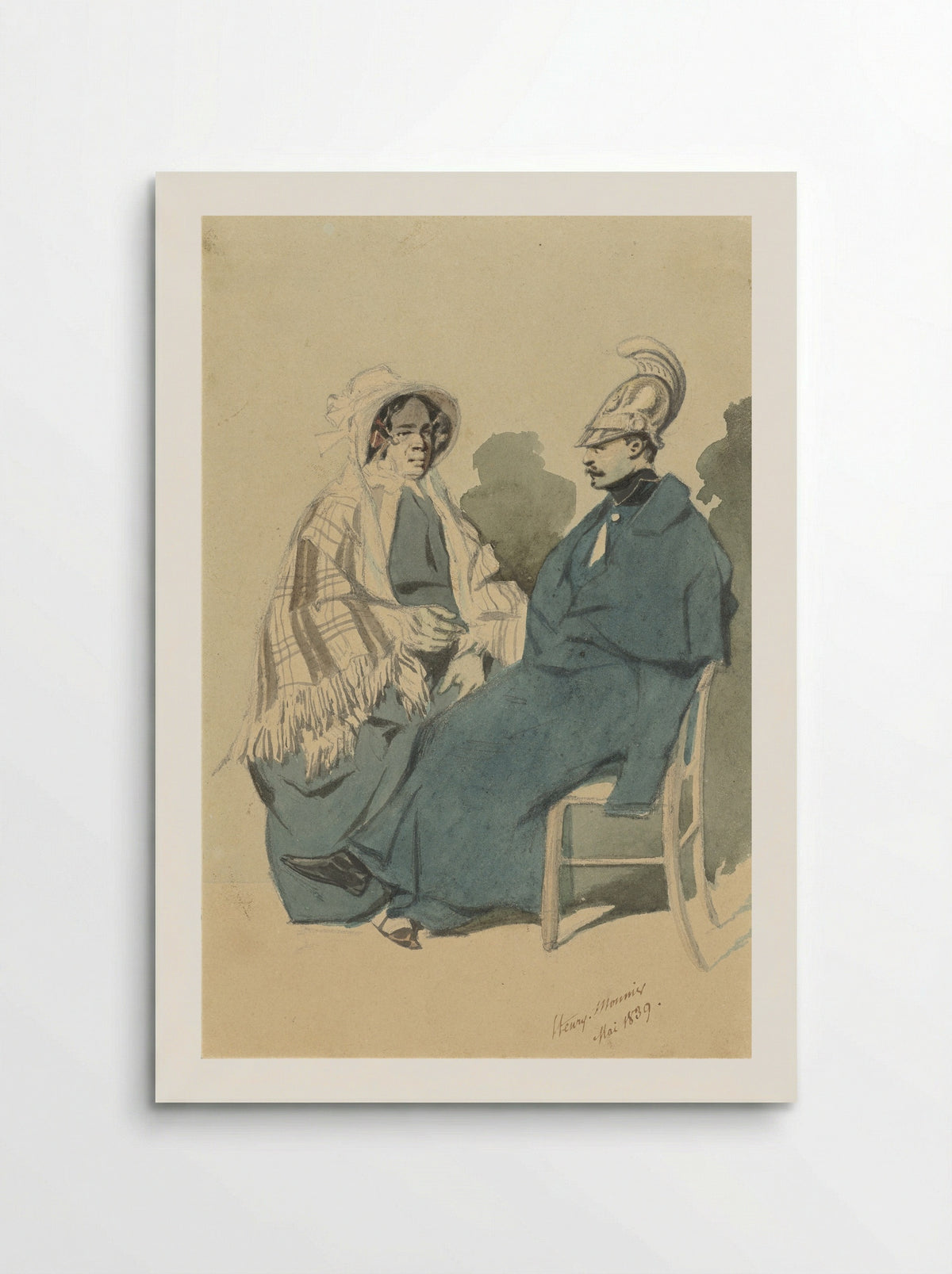 Kurassier met helm en blauwe mantel, zittend naast een oude dame in reistoilet - Henry Bonaventure Monnier - Poster