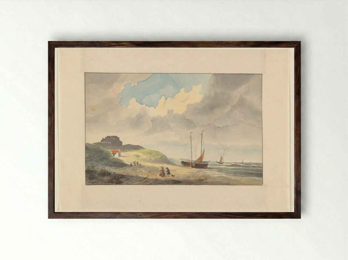 Kustgezicht met schepen op het strand - Johannes van Reijn - Framed Print Dark Wood