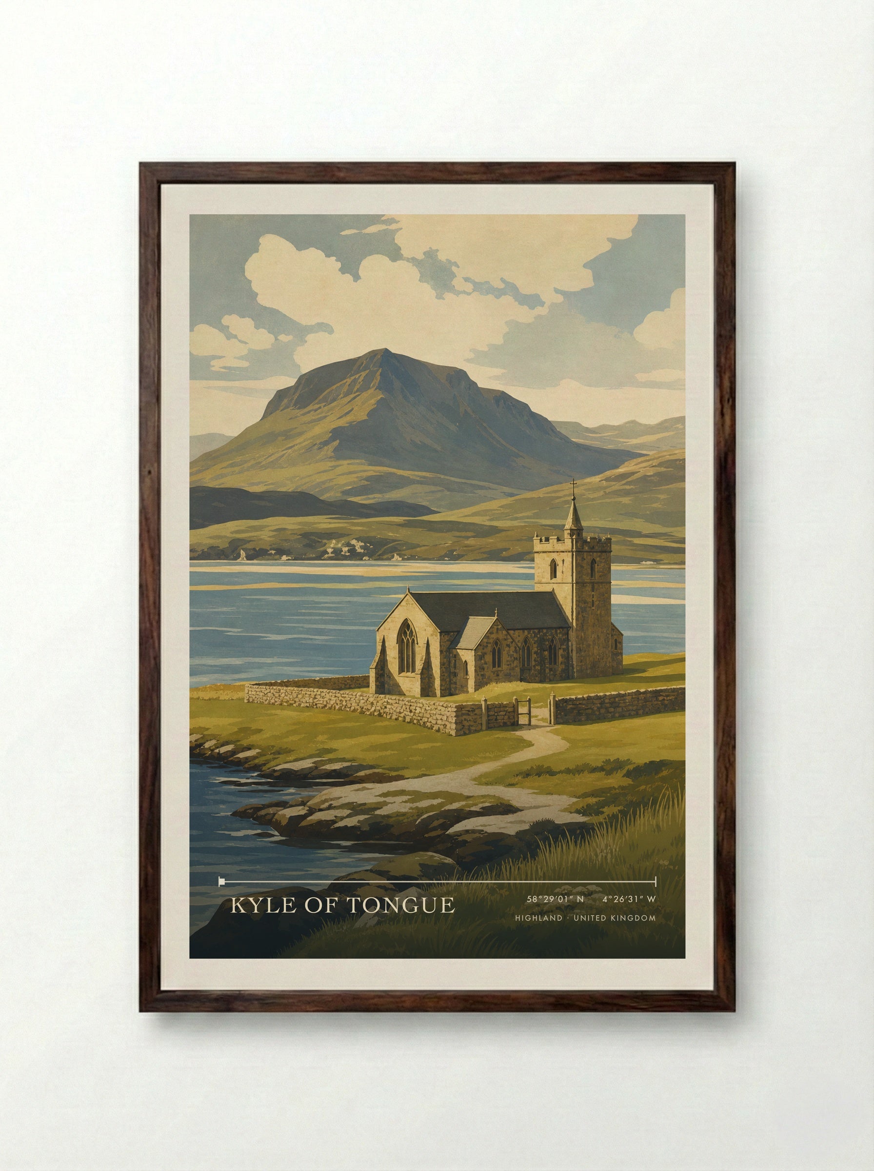 Kyle of Tongue Highland United Kingdom Travel Poster - Framed Print Dark Wood
