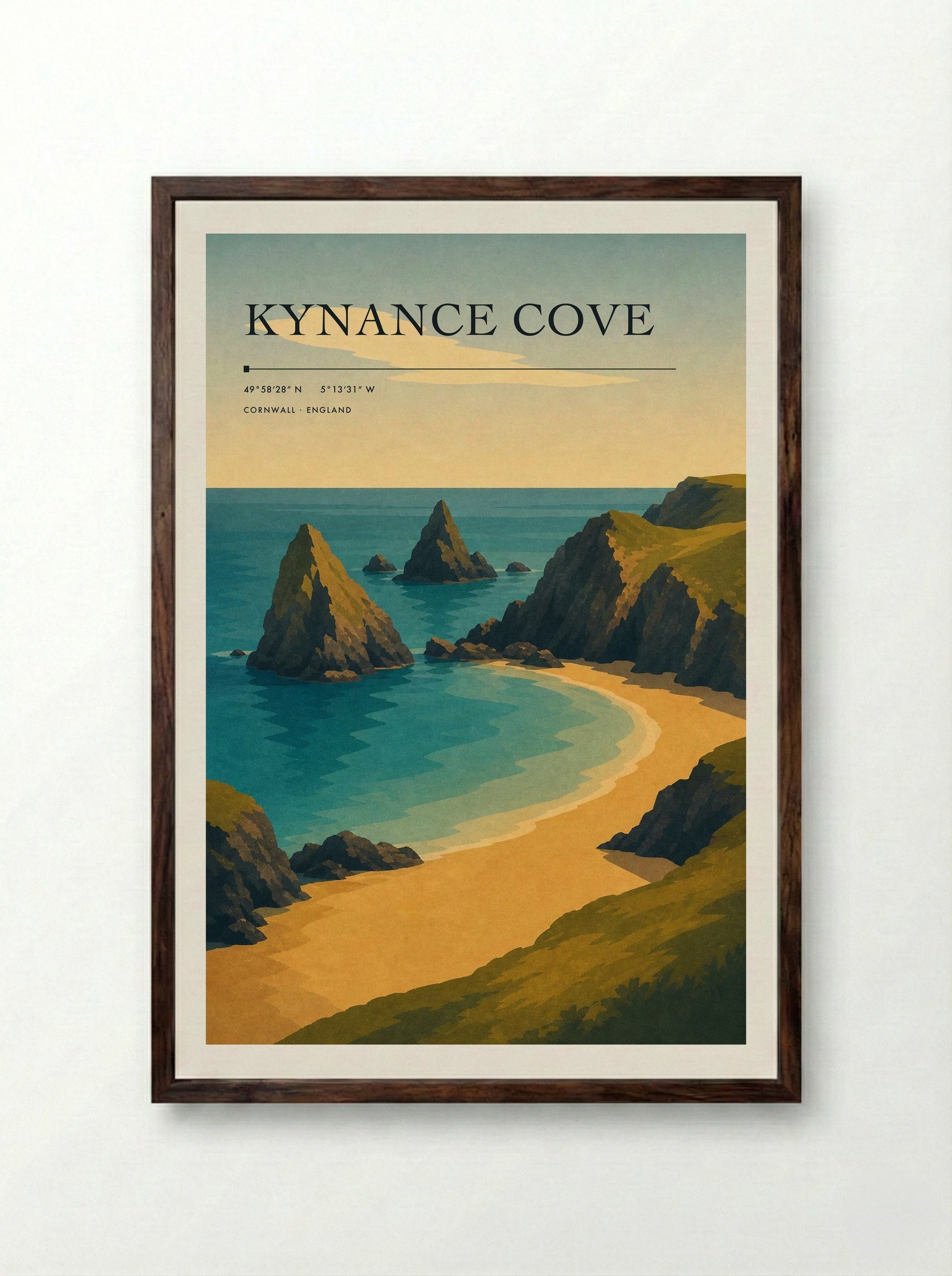 Kynance Cove Travel Poster Artwork - Framed Print Dark Wood