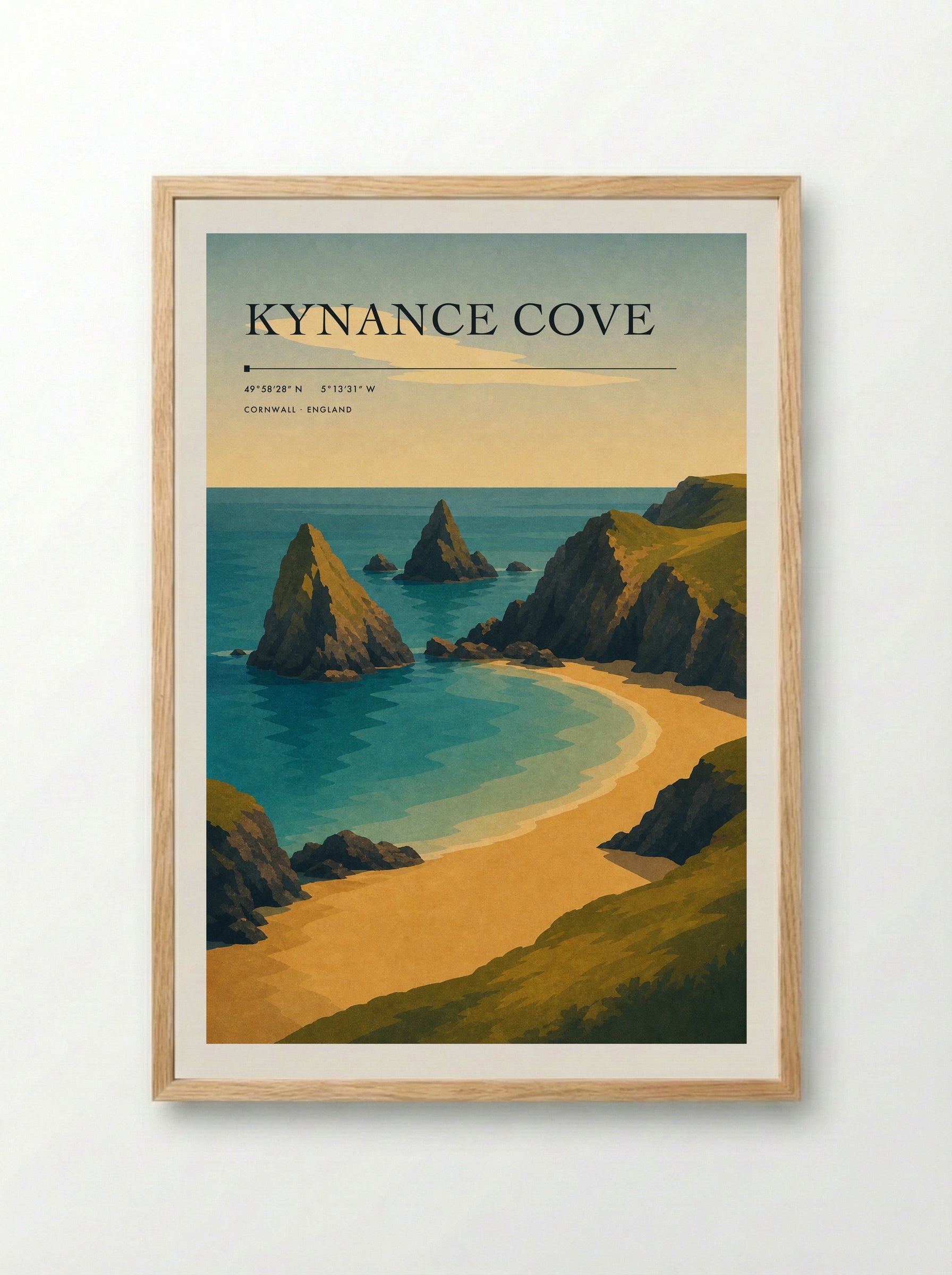 Kynance Cove Travel Poster Artwork - Framed Print Wood