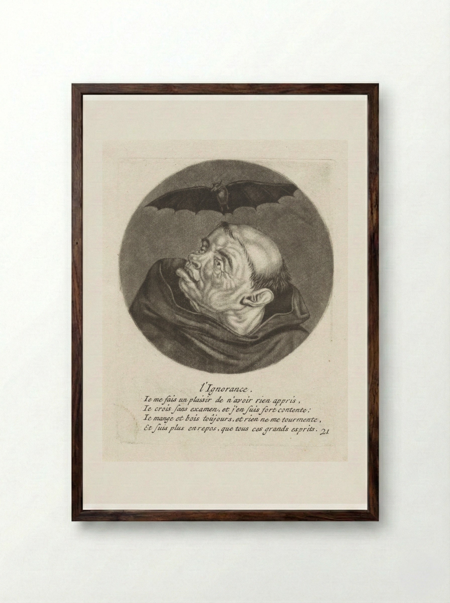 L'Ignorance (Monk and a Bat) - Jacob Gole - Framed Print Dark Wood