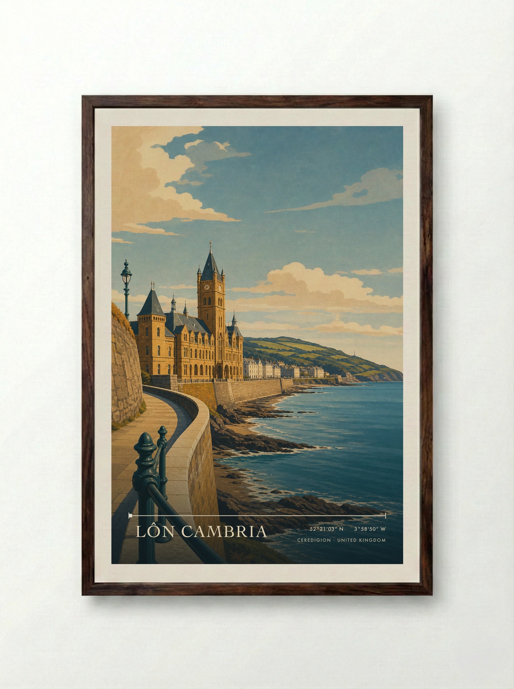 Lôn Cambria Ceredigion United Kingdom Travel Poster - Framed Print Dark Wood