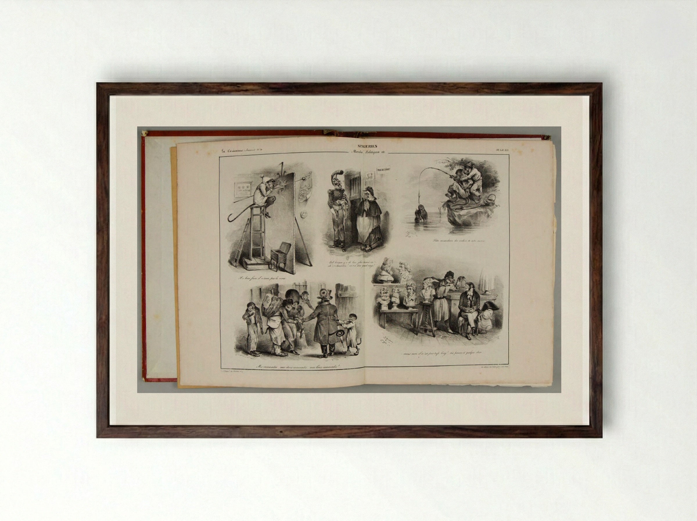 La Caricature IV (Singeries: Moralités Politiques) - Various Artists - Framed Print Dark Wood