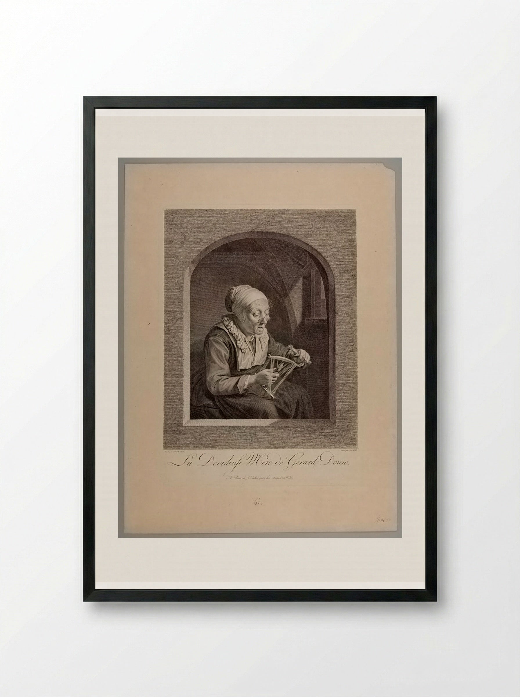 La Devideuse (Gerard Dou's Mother) - Johann Georg Wille - Framed Print Black