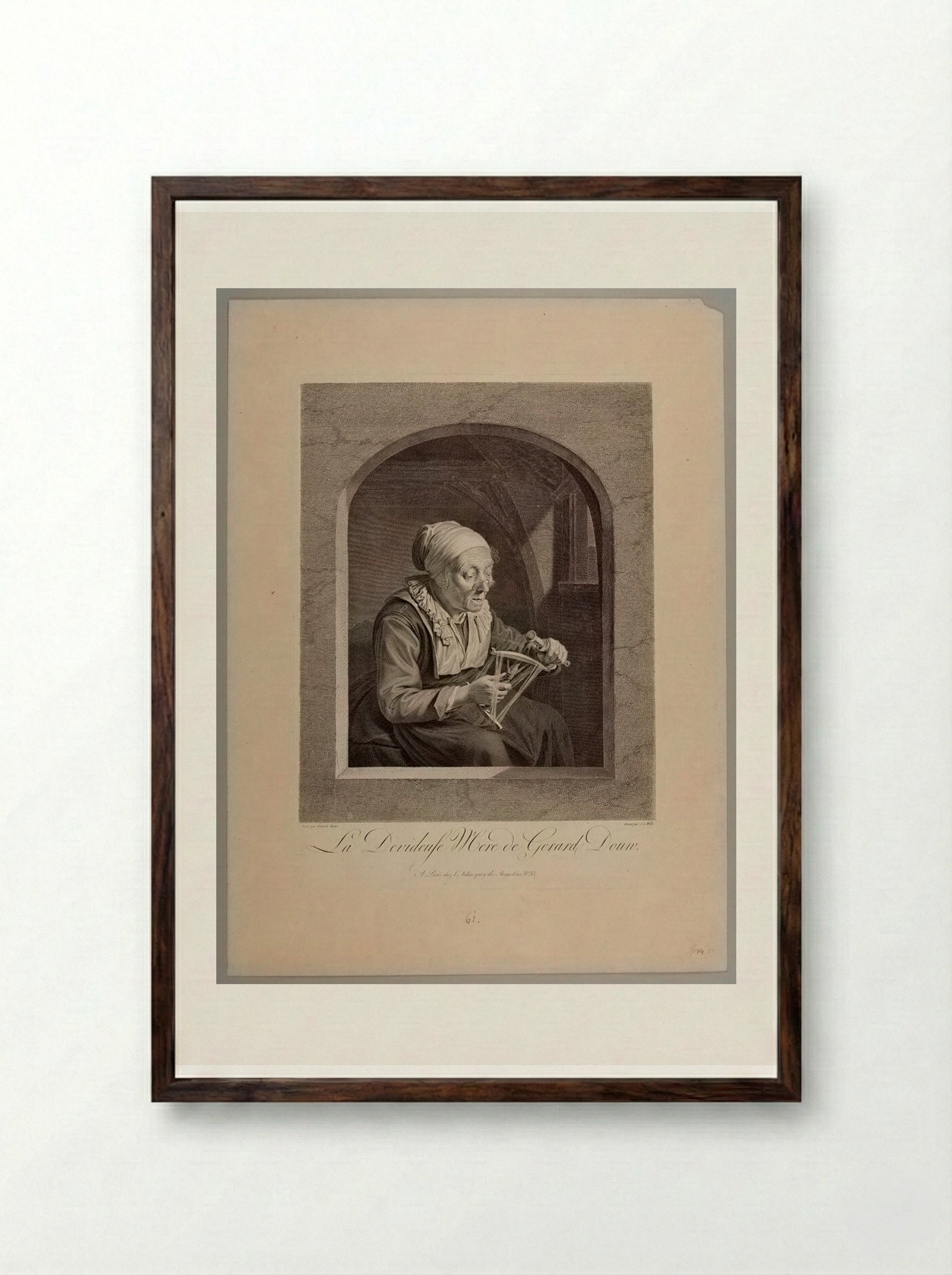 La Devideuse (Gerard Dou's Mother) - Johann Georg Wille - Framed Print Dark Wood