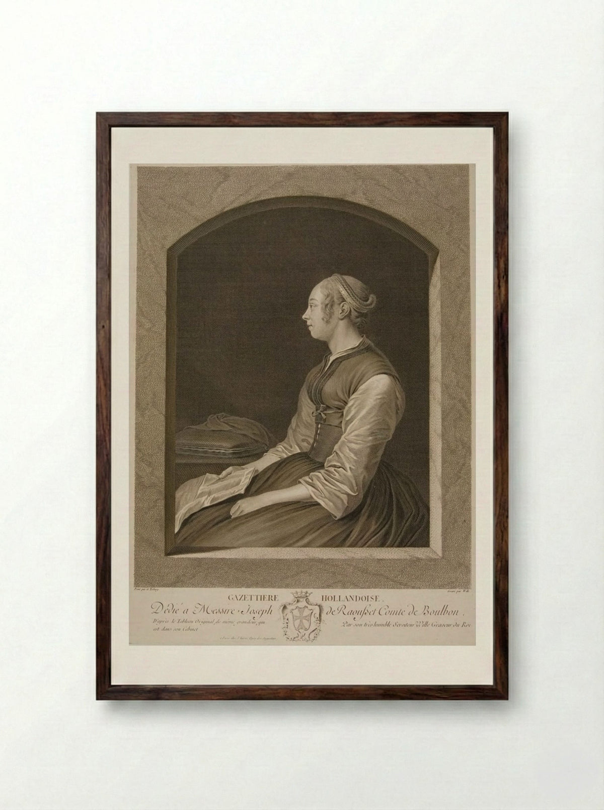 La Gazetière Hollandoise - Johann Georg Wille - Framed Print Dark Wood