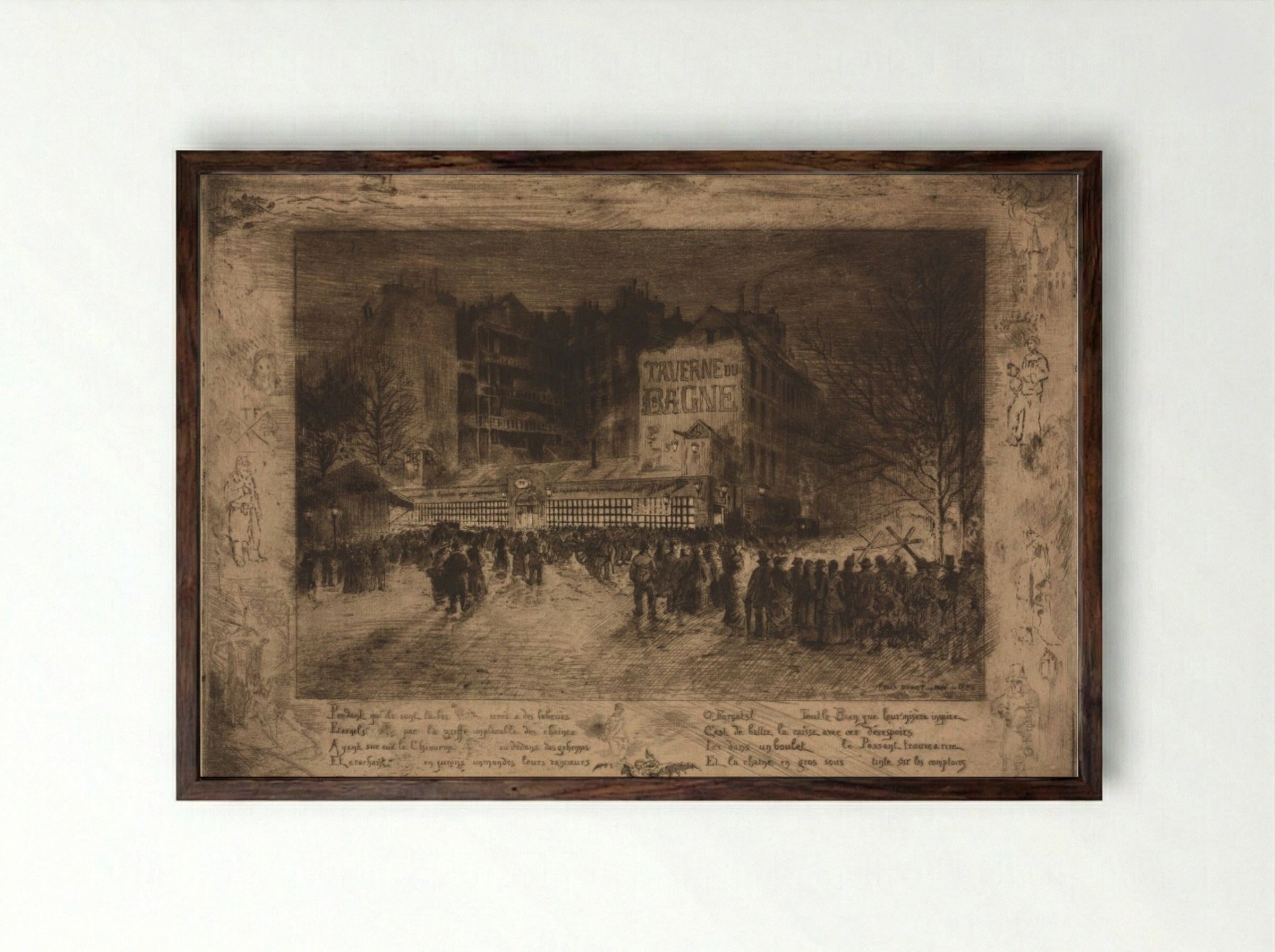 La Place des Martyrs et la Taverne du Bagne - Félix Hilaire Buhot - Framed Print Dark Wood