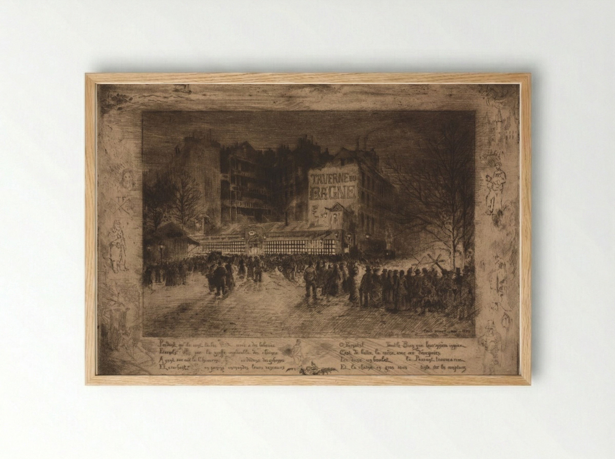 La Place des Martyrs et la Taverne du Bagne - Félix Hilaire Buhot - Framed Print Wood