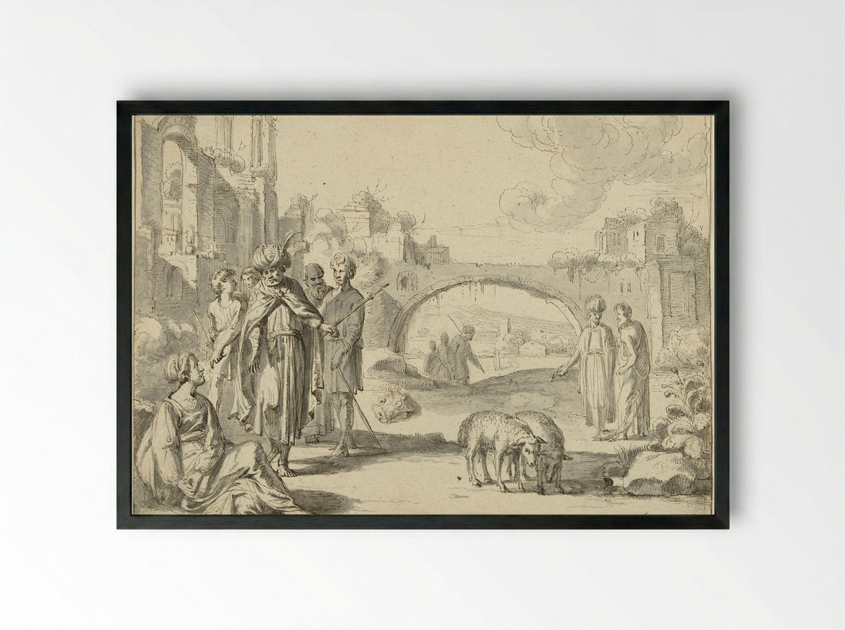 Laban Searching for his Idols in the Tent of Rachel - Jan Symonsz Pynas - Framed Print Black