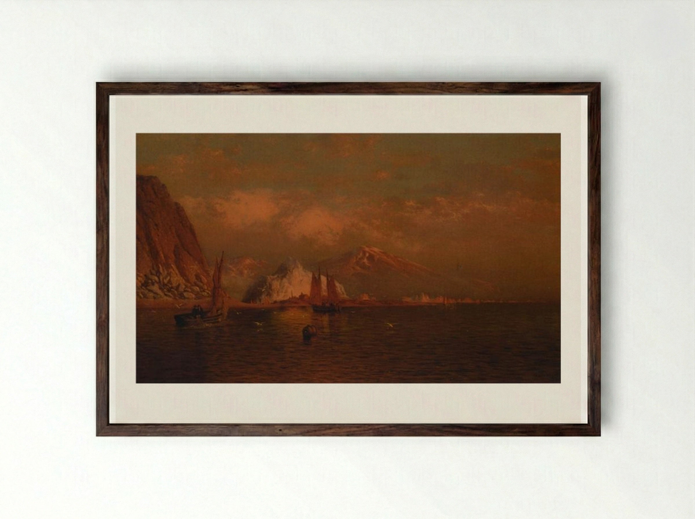 Labrador Mountain and Icebergs by Light of the Midnight Sun - William Bradford - Framed Print Dark Wood
