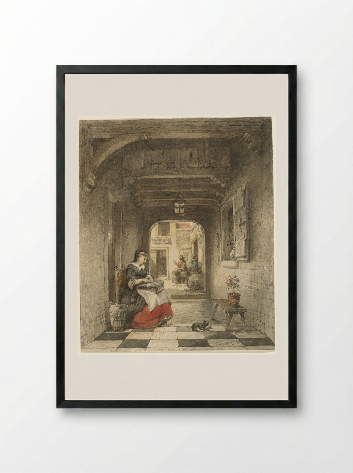 Lace Maker in an Interior - Johannes Stroebel - Framed Print Black