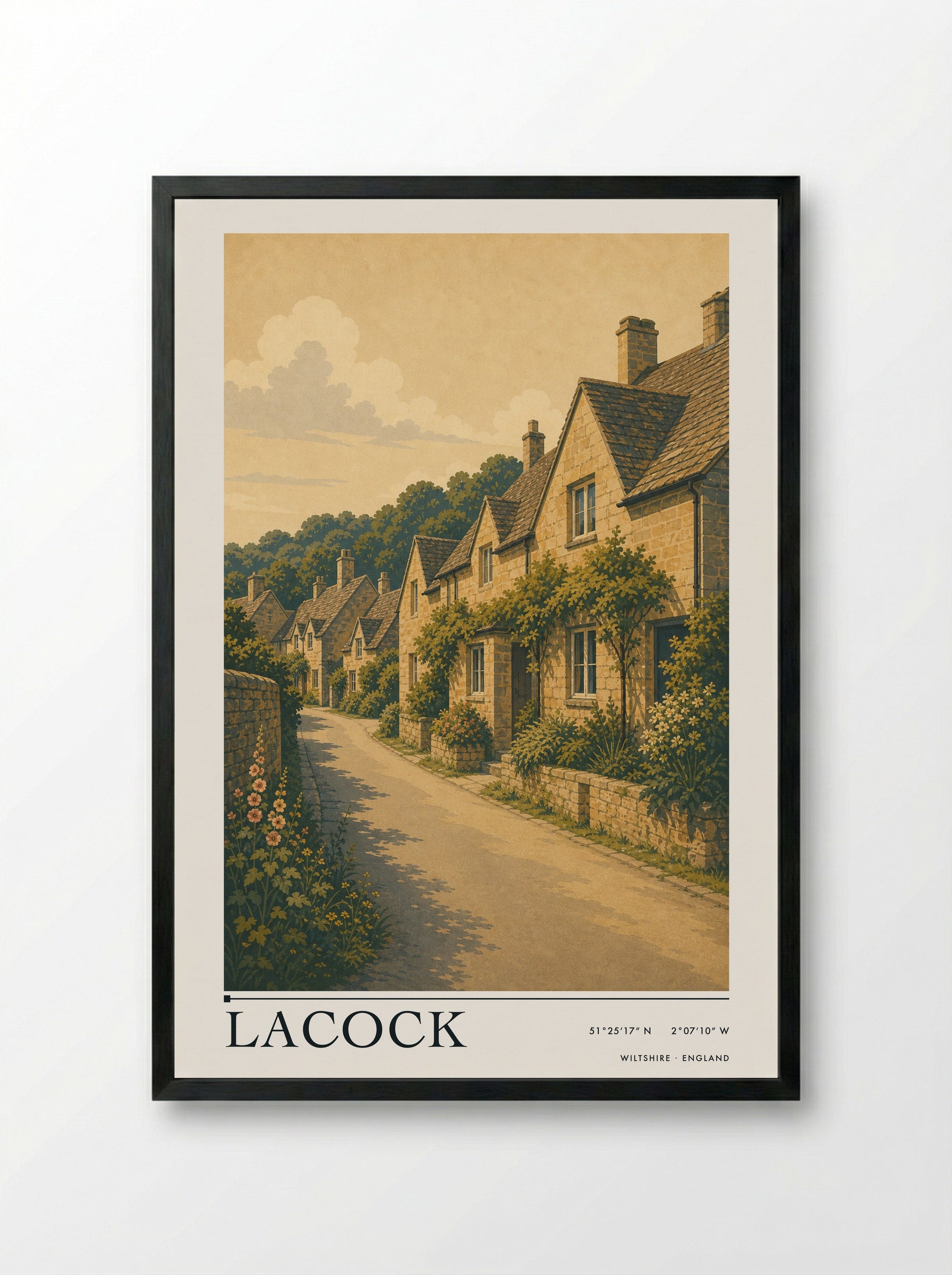 Lacock Wiltshire England Travel Poster - Framed Print Black