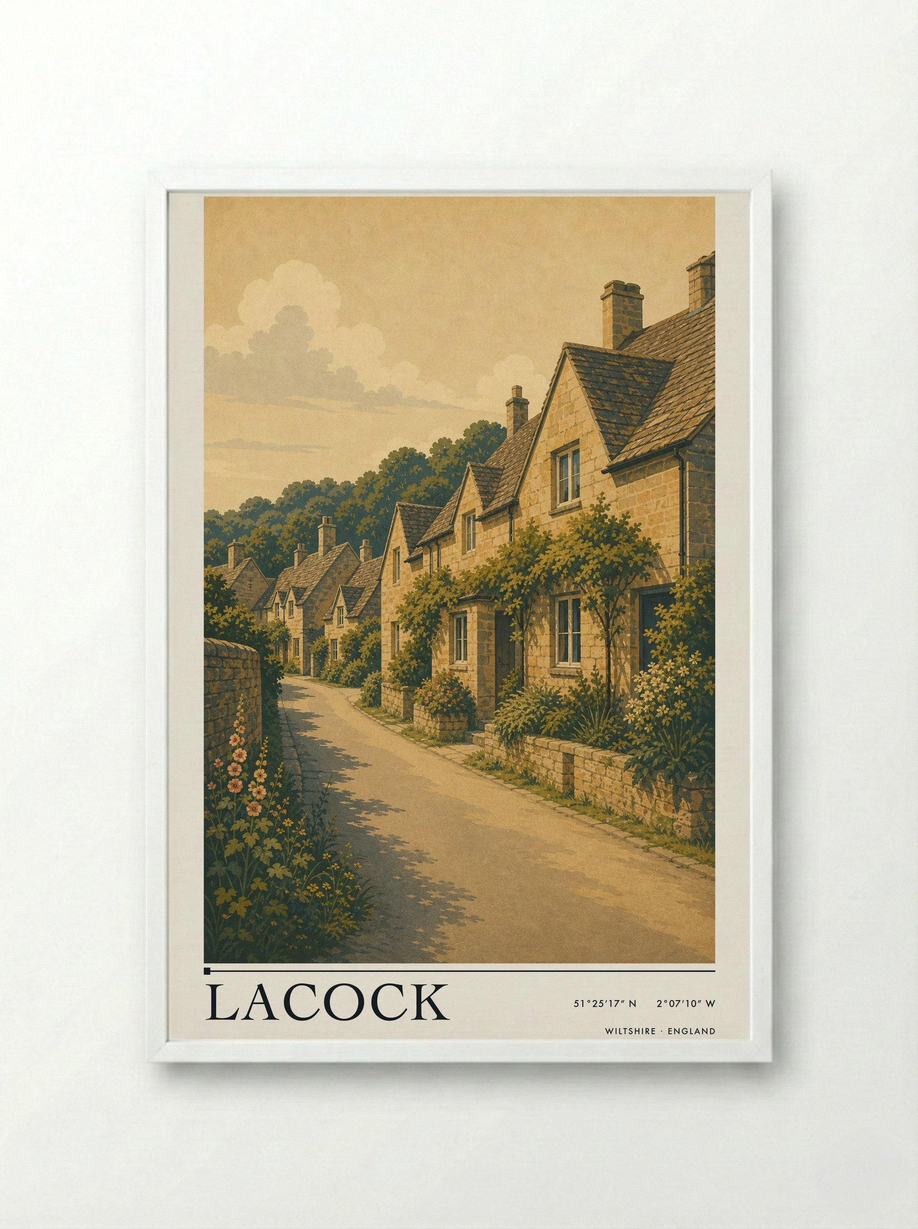 Lacock Wiltshire England Travel Poster - Framed Print White