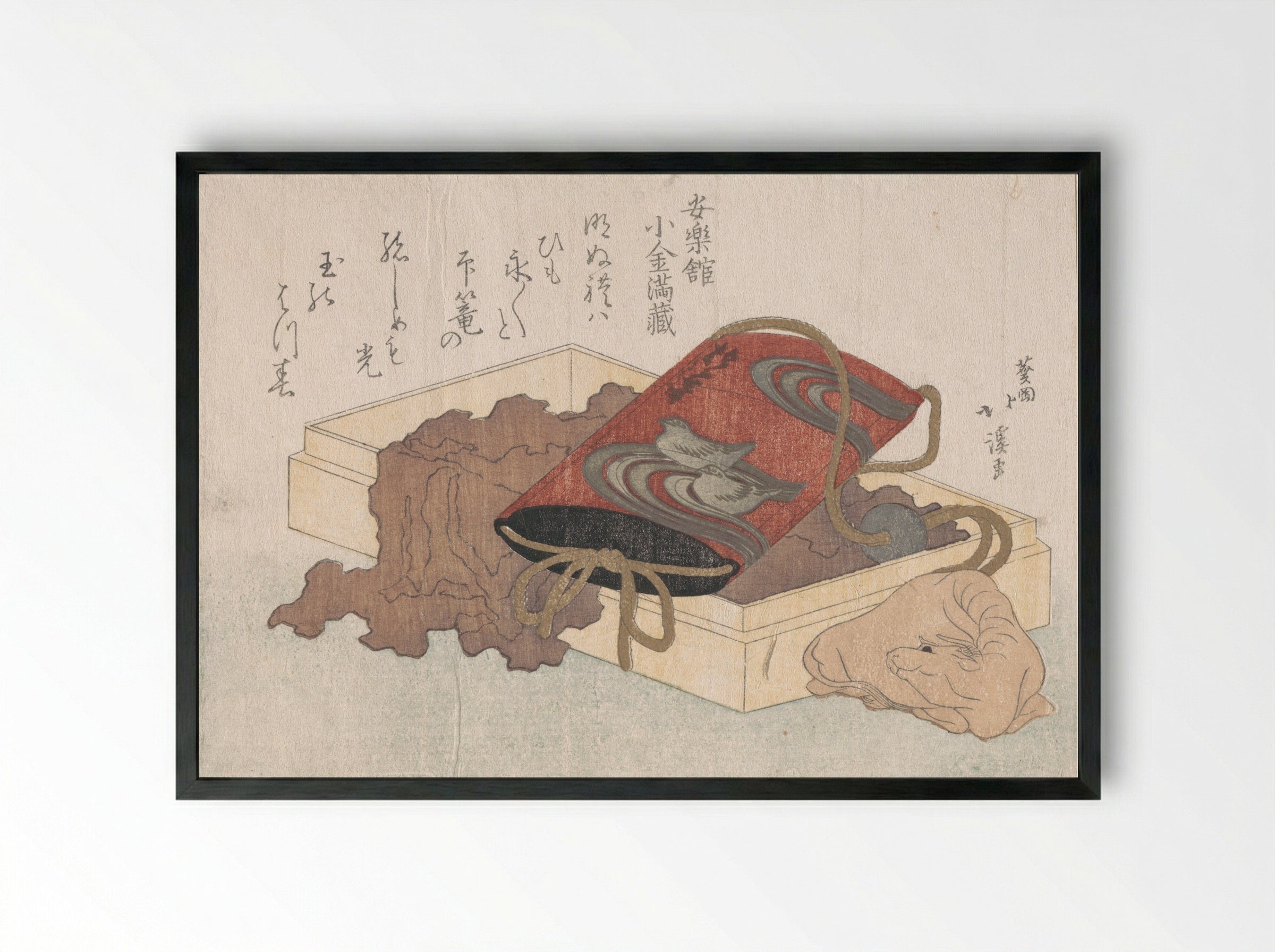 Lacquer Inrō with Waterbirds and Ox-shaped Netsuke in a Box - Totoya Hokkei - Framed Print Black