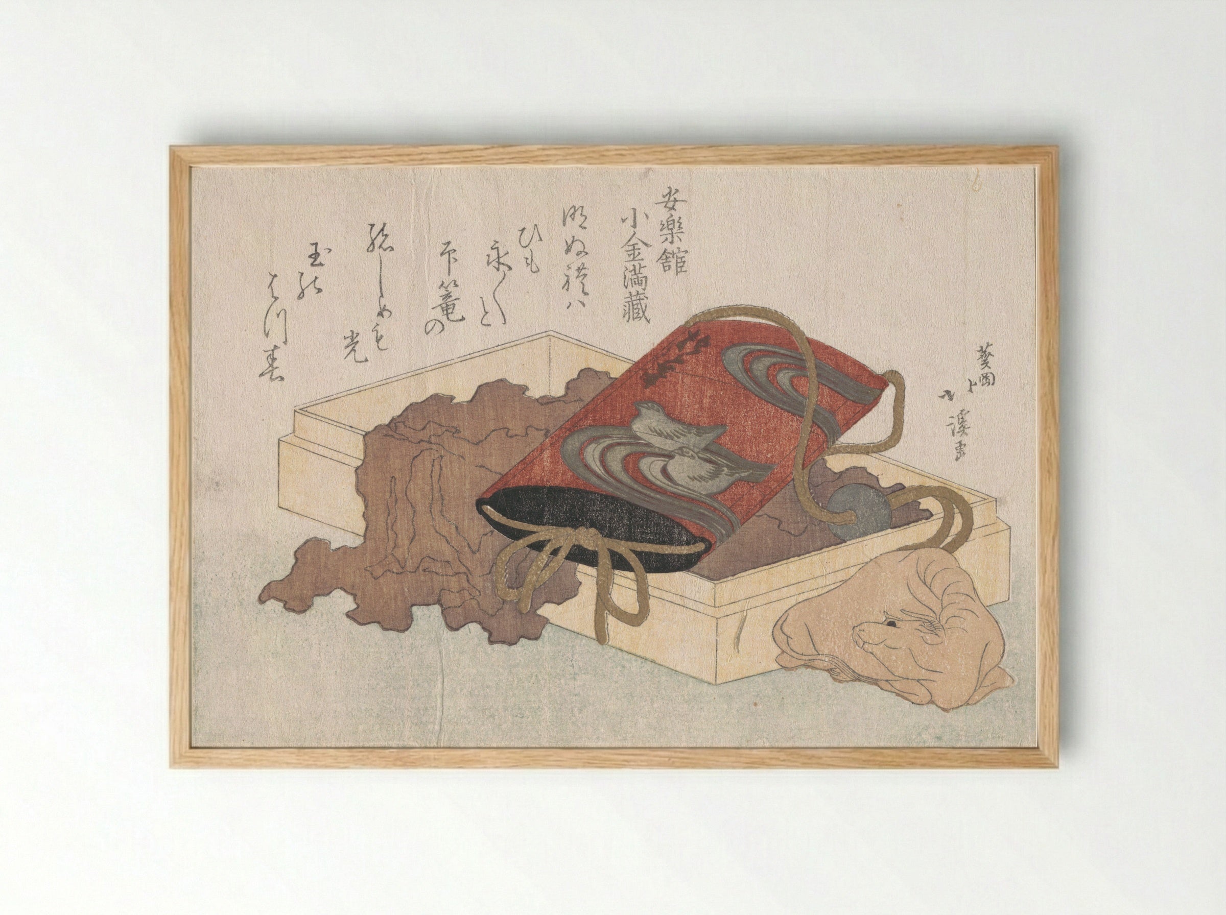 Lacquer Inrō with Waterbirds and Ox-shaped Netsuke in a Box - Totoya Hokkei - Framed Print Wood