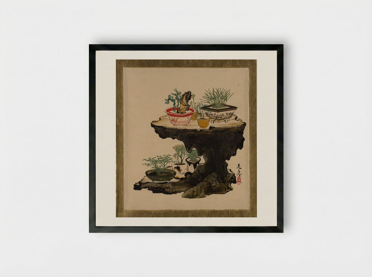 Lacquer Paintings of Various Subjects: Bonsai - Shibata Zeshin - Framed Print Black