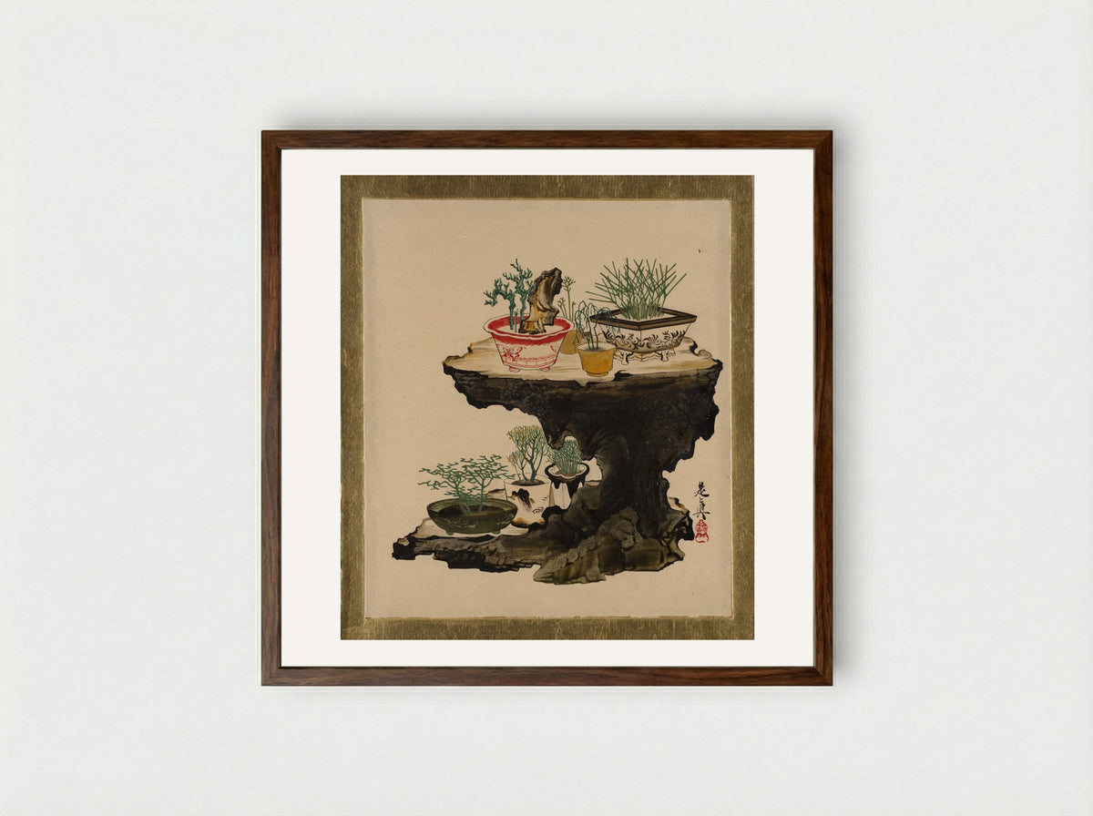 Lacquer Paintings of Various Subjects: Bonsai - Shibata Zeshin - Framed Print Dark Wood