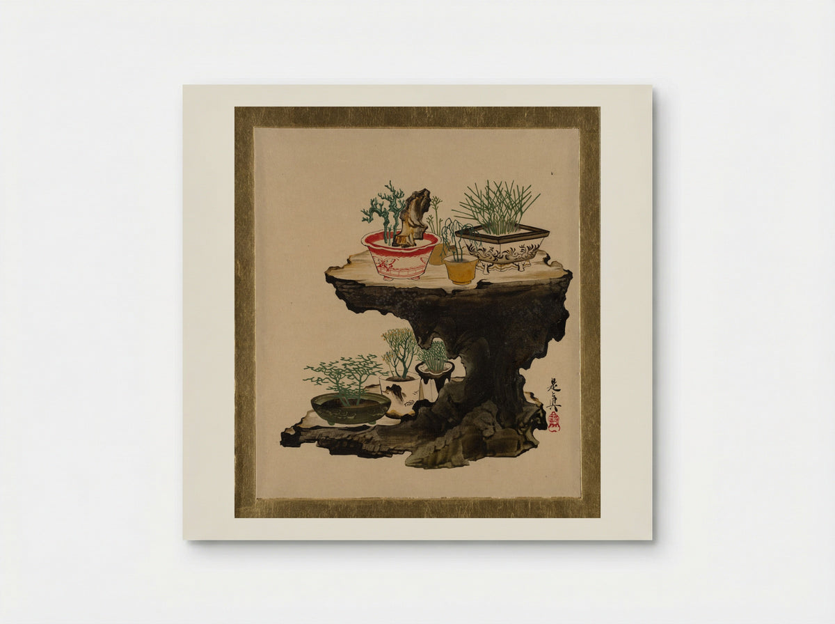 Lacquer Paintings of Various Subjects: Bonsai - Shibata Zeshin - Poster