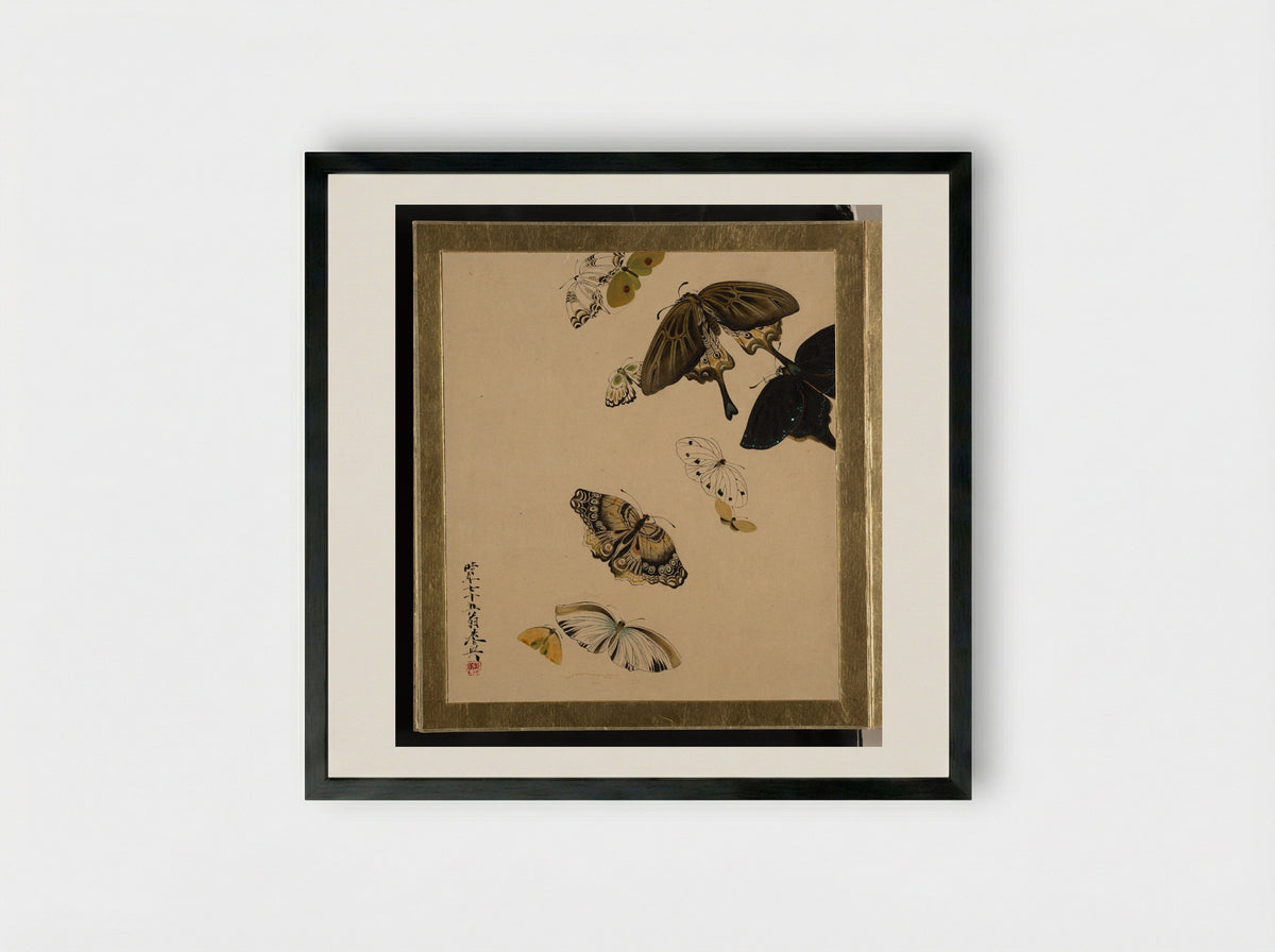 Lacquer Paintings of Various Subjects: Butterflies - Shibata Zeshin - Framed Print Black