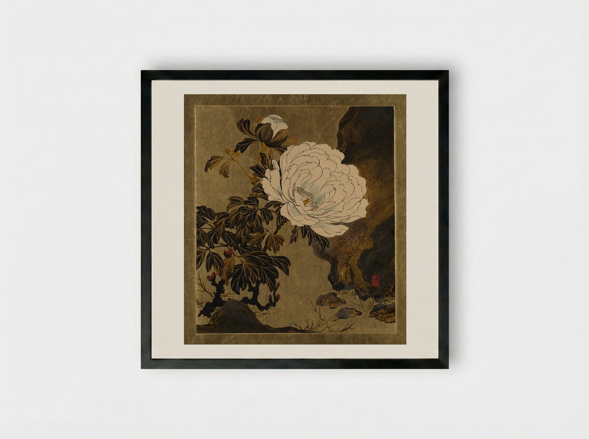 Lacquer Paintings of Various Subjects: Peonies - Shibata Zeshin - Framed Print Black