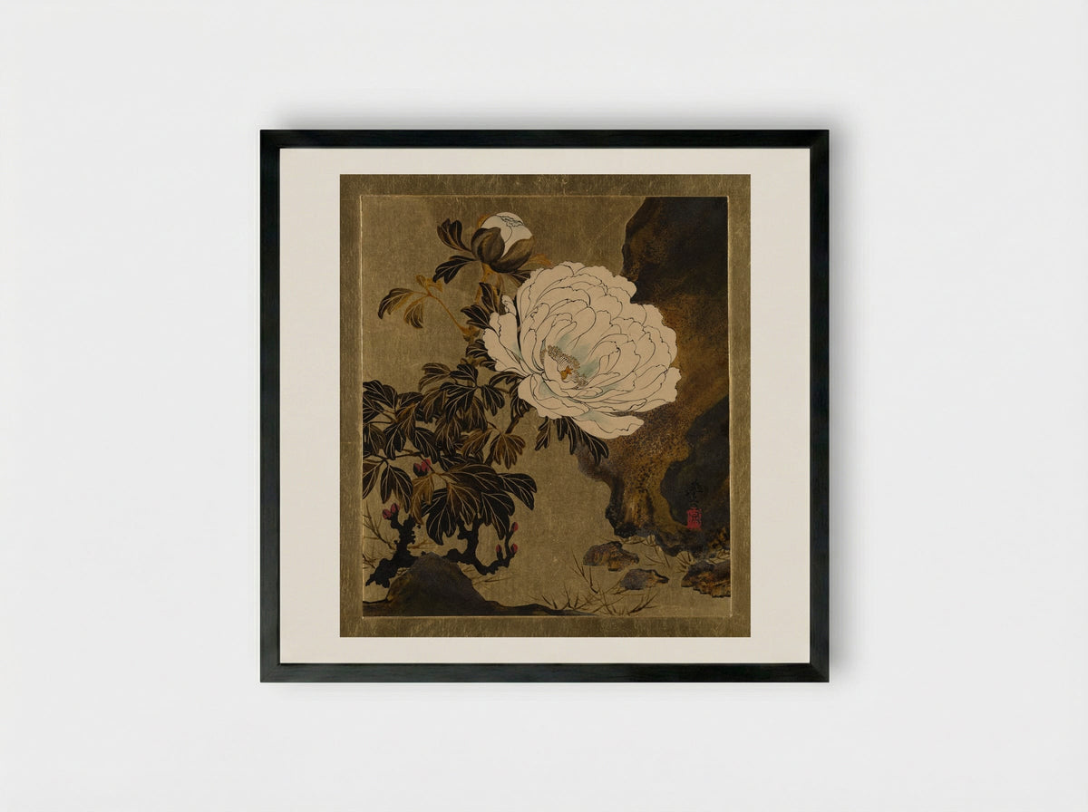 Lacquer Paintings of Various Subjects: Peonies - Shibata Zeshin - Framed Print Black