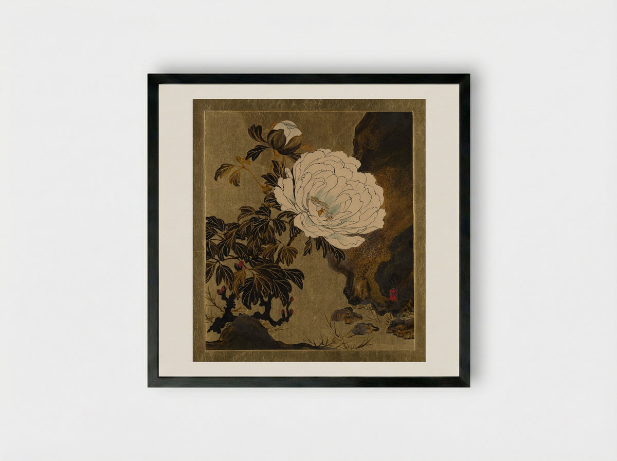 Lacquer Paintings of Various Subjects: Peonies - Shibata Zeshin - Framed Print Black