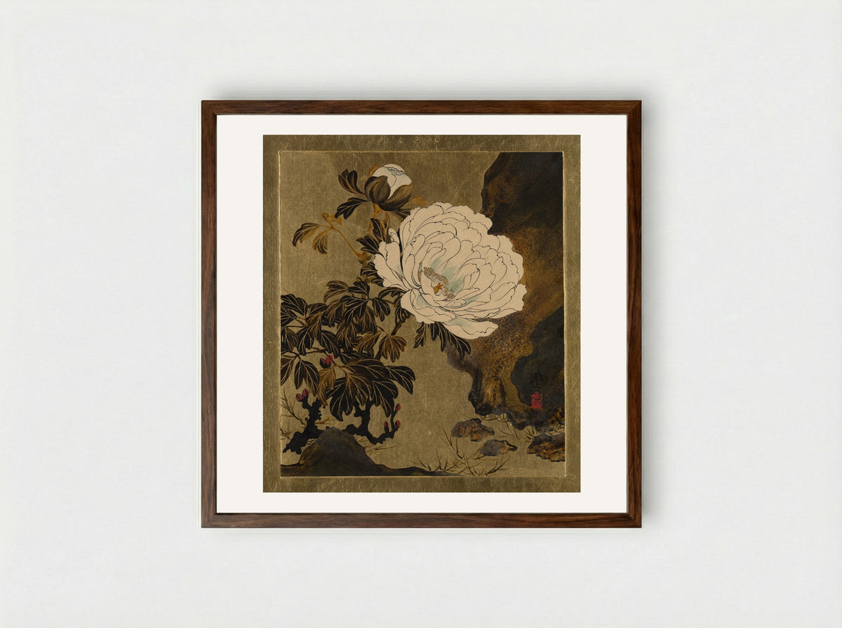 Lacquer Paintings of Various Subjects: Peonies - Shibata Zeshin - Framed Print Dark Wood