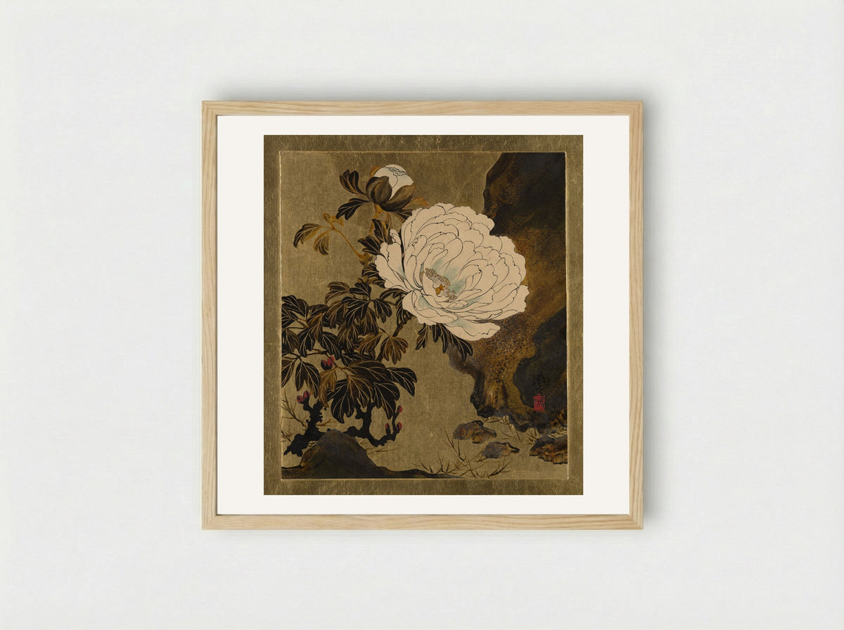 Lacquer Paintings of Various Subjects: Peonies - Shibata Zeshin - Framed Print Wood