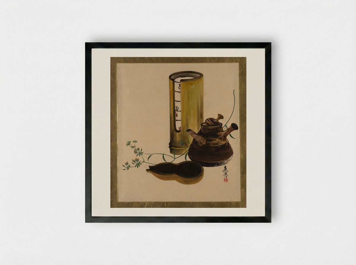 Lacquer Paintings of Various Subjects: Sencha Tea Set - Shibata Zeshin - Framed Print Black