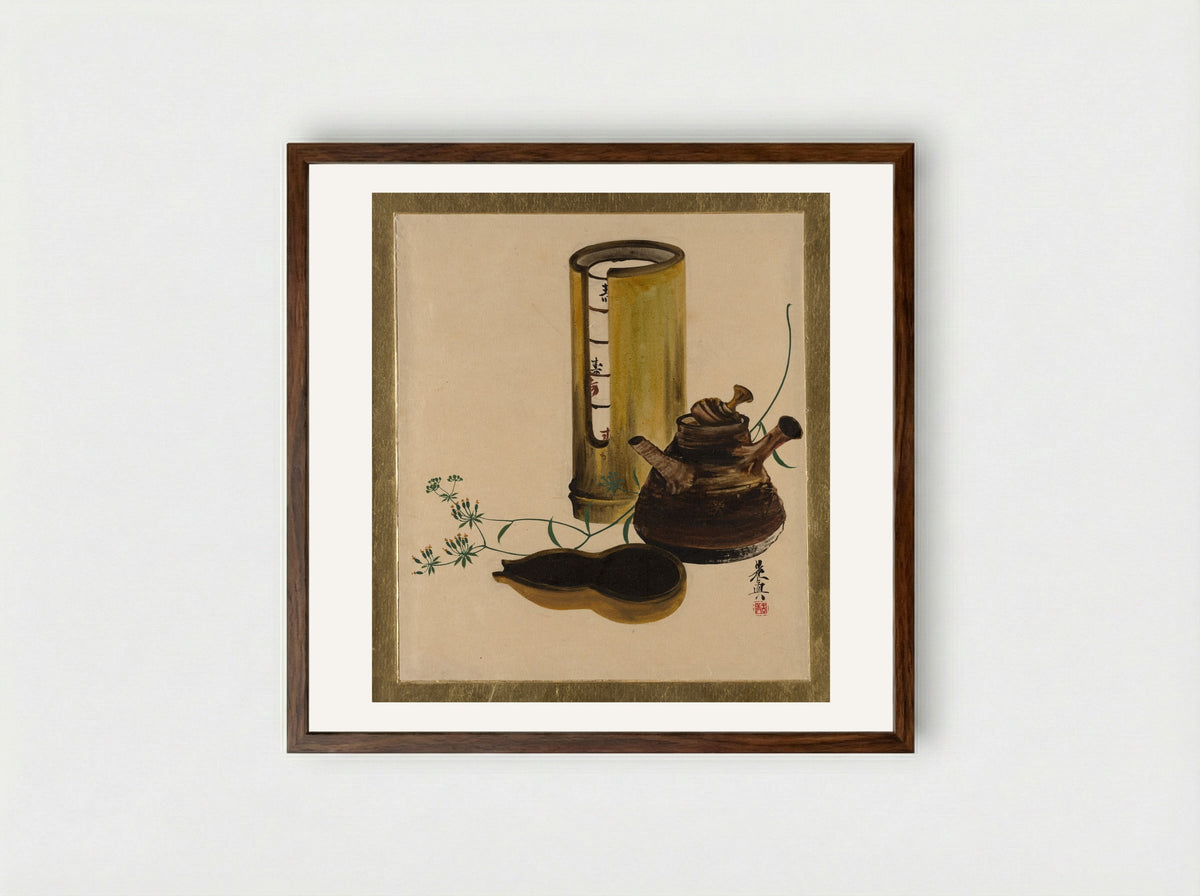 Lacquer Paintings of Various Subjects: Sencha Tea Set - Shibata Zeshin - Framed Print Dark Wood