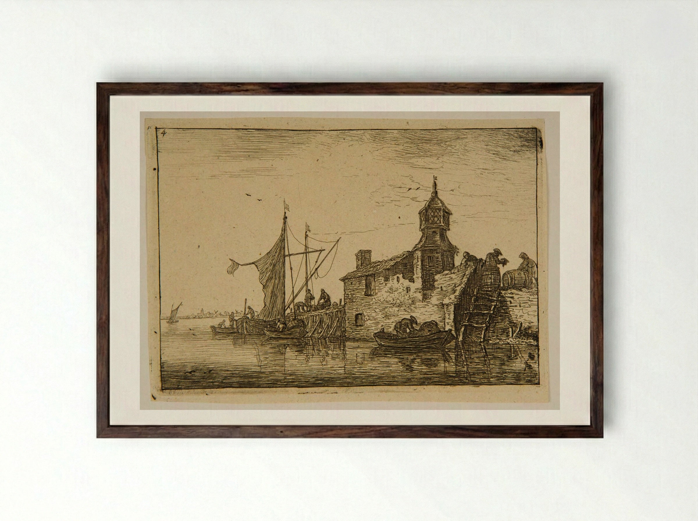 Ladder Leading to the Water - Anthonie Waterloo - Framed Print Dark Wood