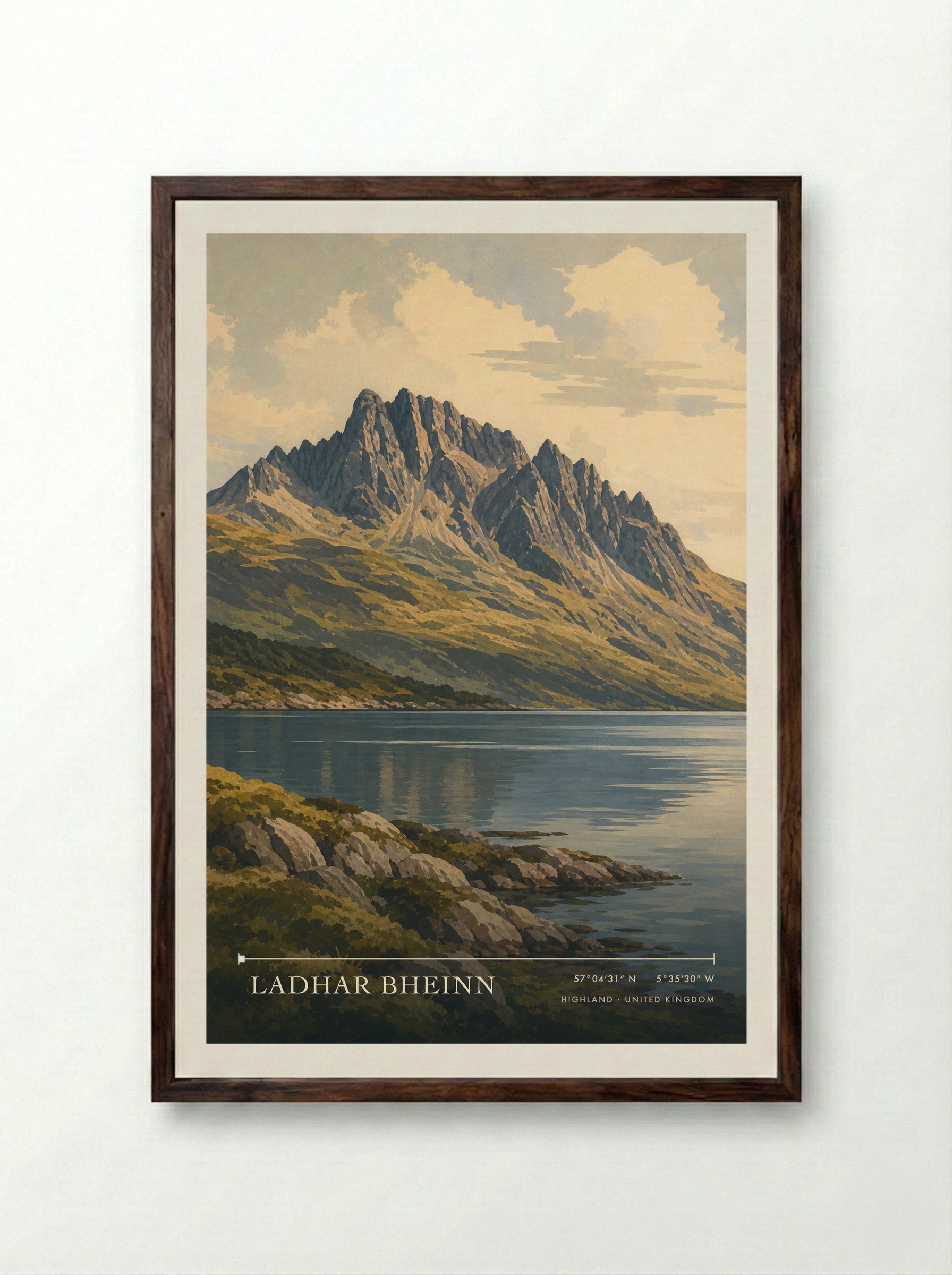 Ladhar Bheinn Highland United Kingdom Travel Poster - Framed Print Dark Wood