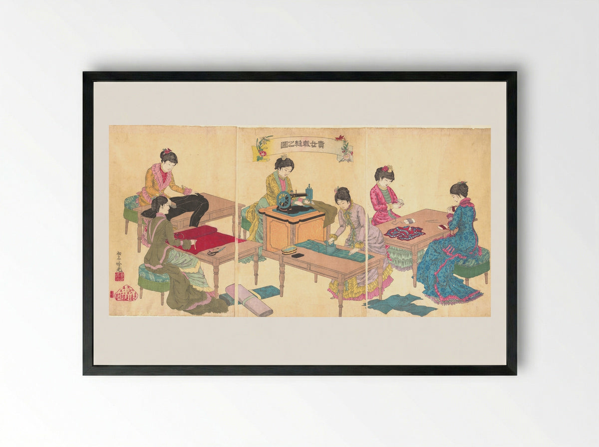 Ladies Sewing (Kijo saihō no zu) - Adachi Ginkō - Framed Print Black