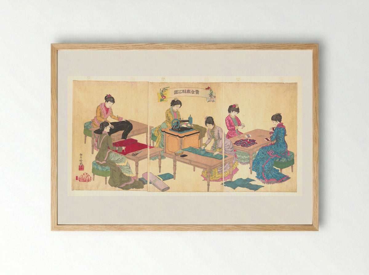 Ladies Sewing (Kijo saihō no zu) - Adachi Ginkō - Framed Print Wood