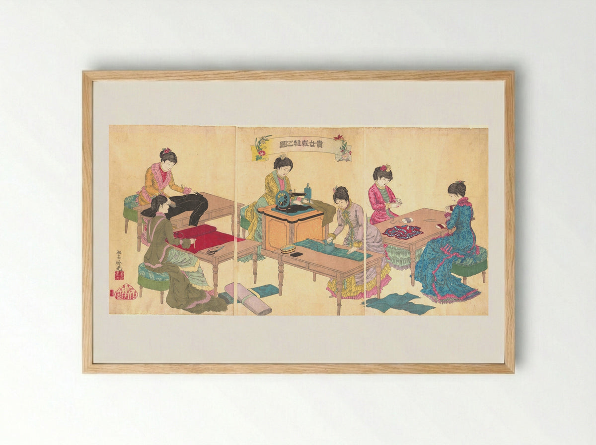 Ladies Sewing (Kijo saihō no zu) - Adachi Ginkō - Framed Print Wood