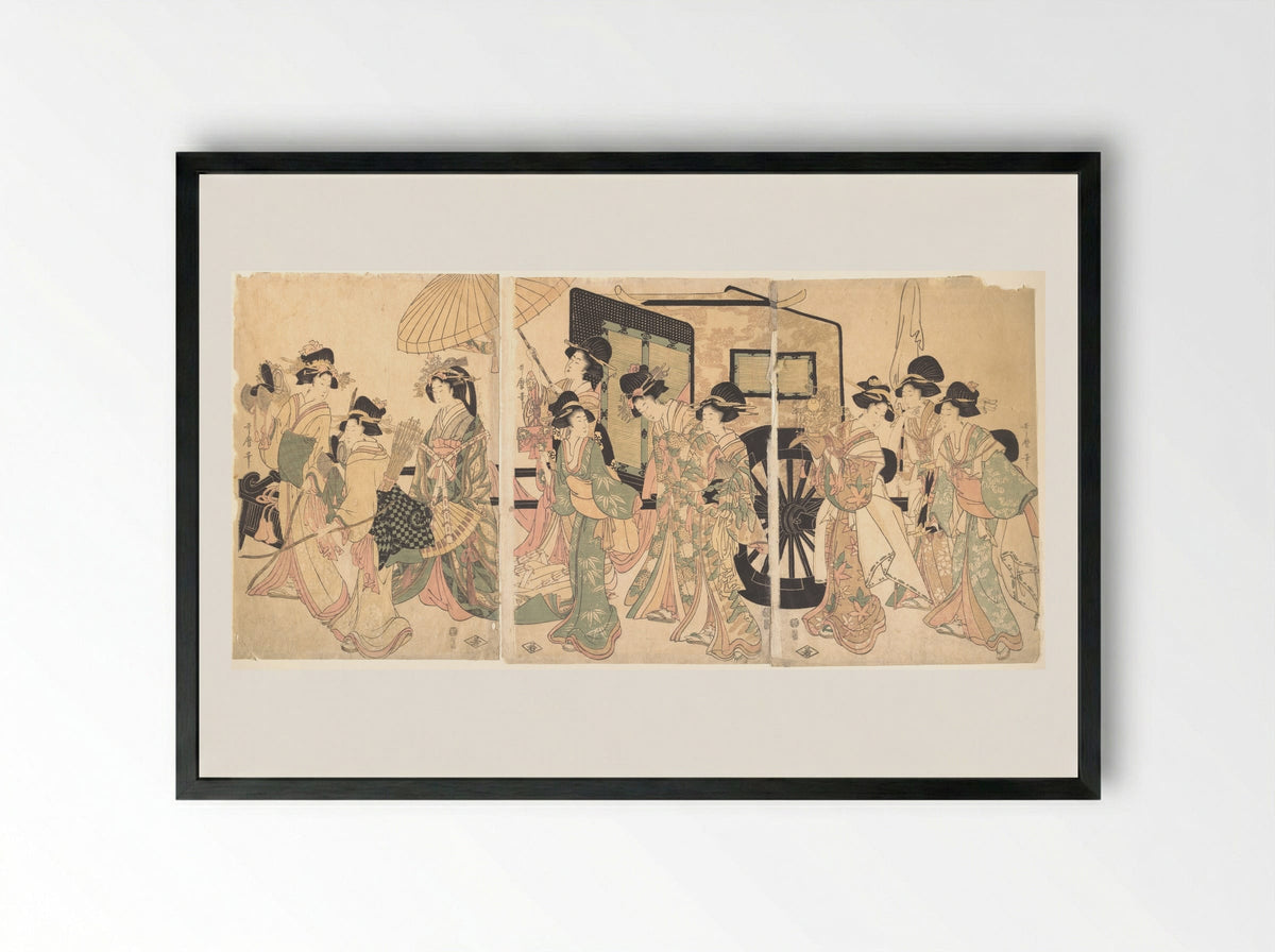Ladies Surrounding a Cart - Utamaro II - Framed Print Black