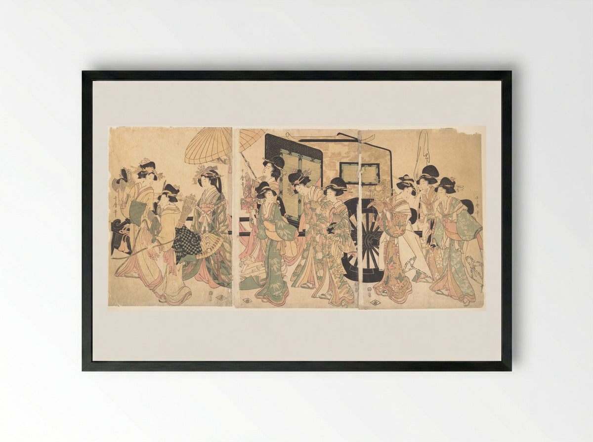 Ladies Surrounding a Cart - Utamaro II - Framed Print Black