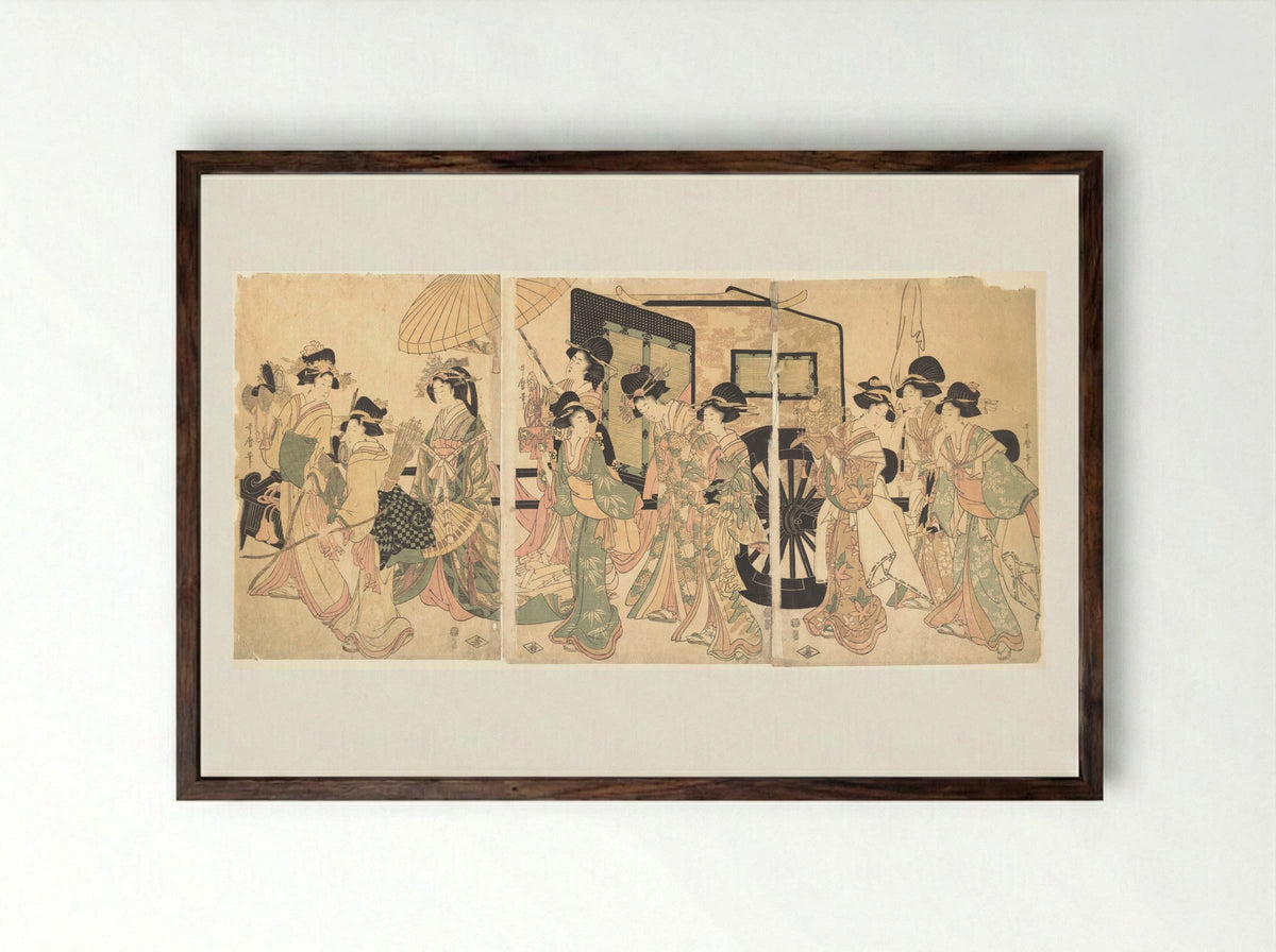 Ladies Surrounding a Cart - Utamaro II - Framed Print Dark Wood