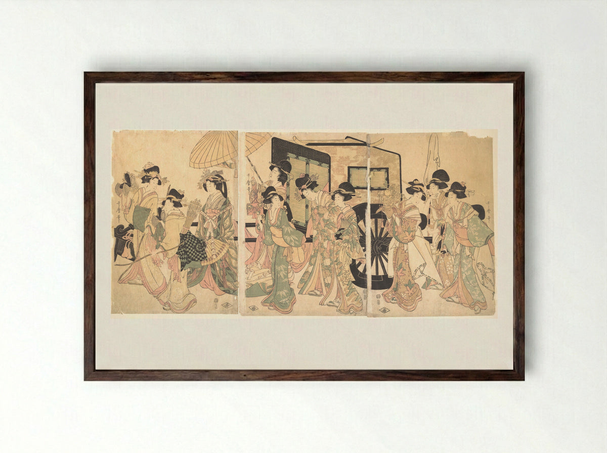 Ladies Surrounding a Cart - Utamaro II - Framed Print Dark Wood