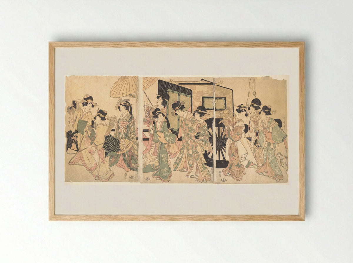 Ladies Surrounding a Cart - Utamaro II - Framed Print Wood