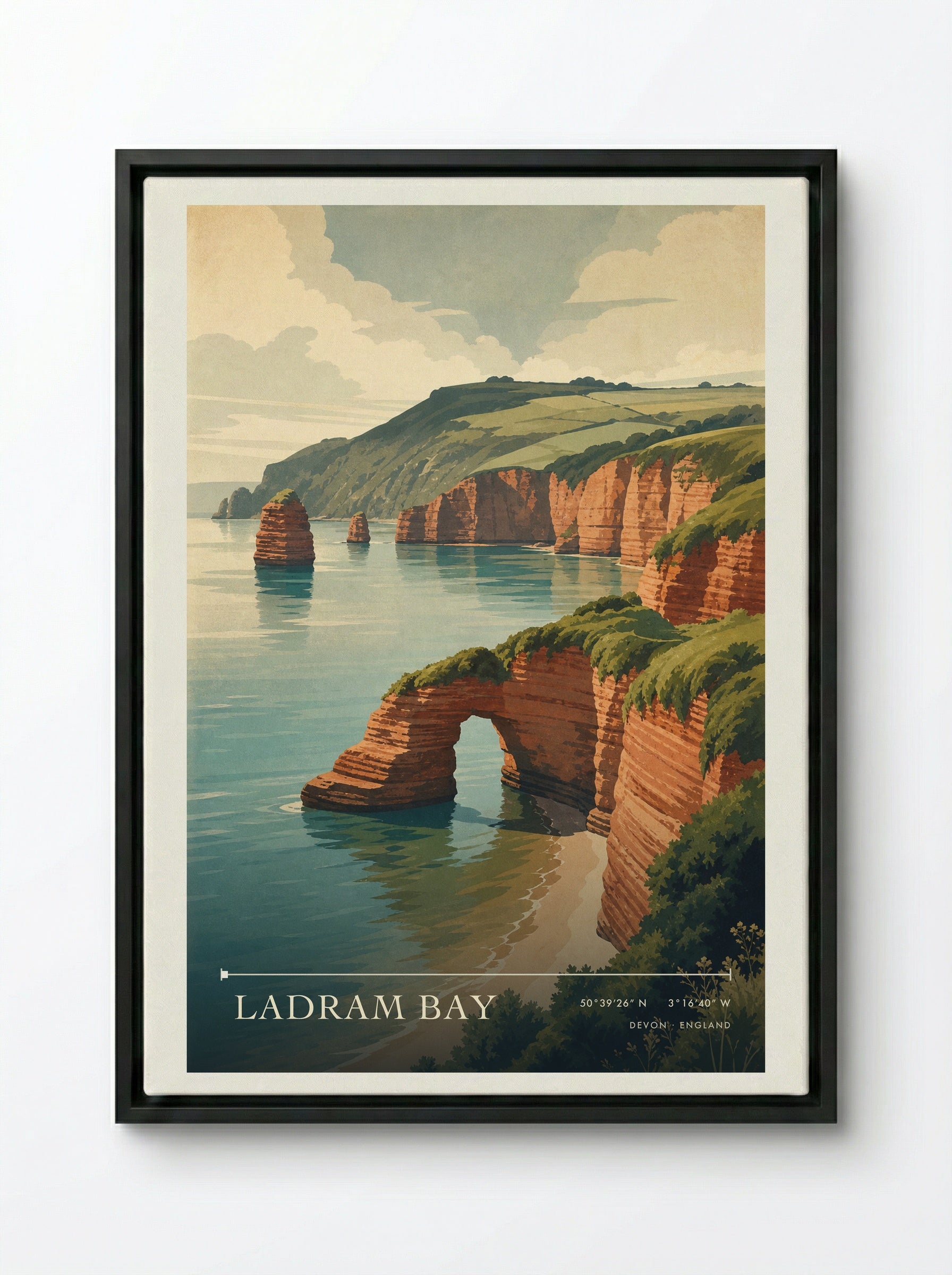 Ladram Bay Devon England Travel Poster - Framed Canvas Black