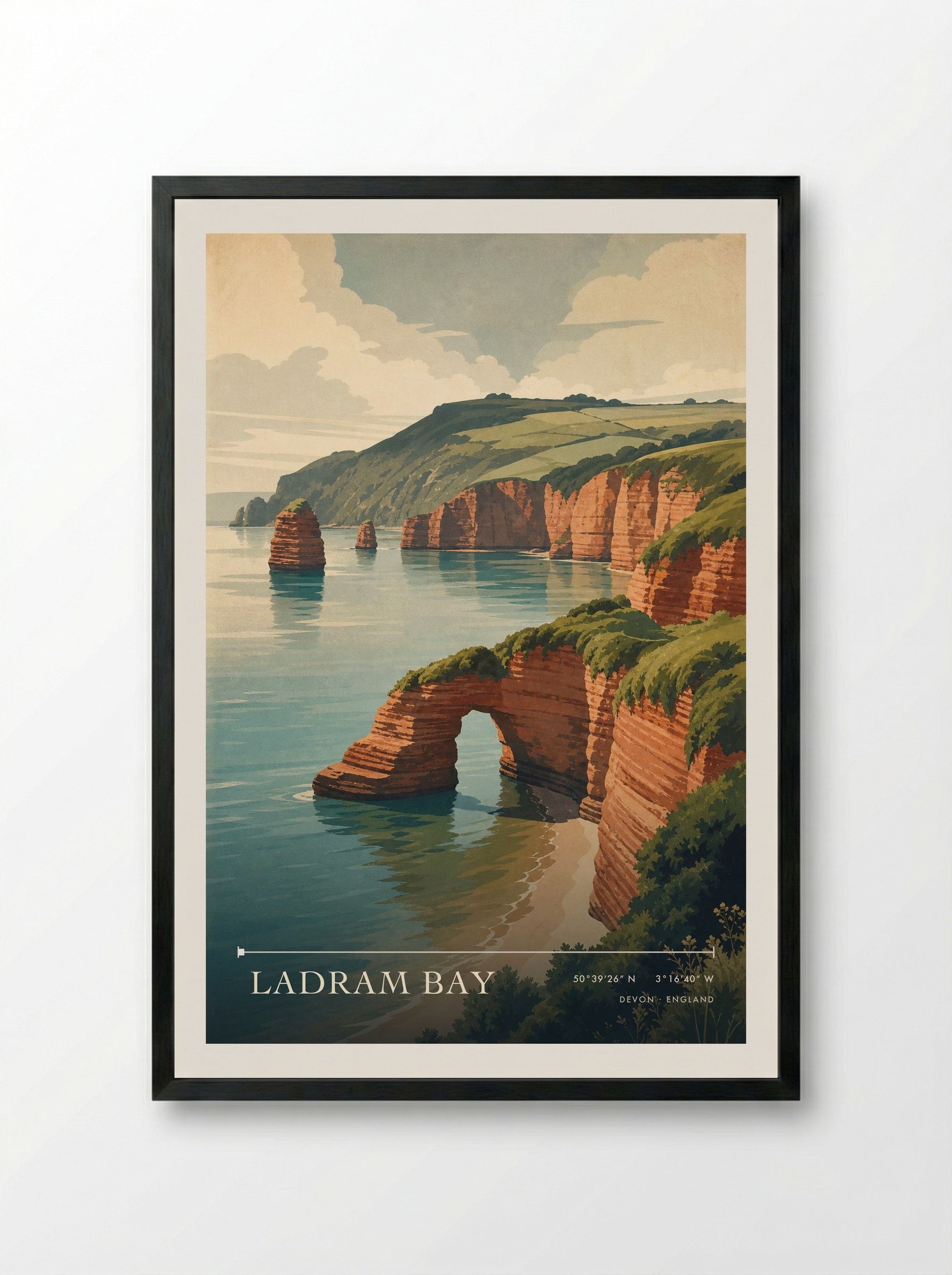Ladram Bay Devon England Travel Poster - Framed Print Black